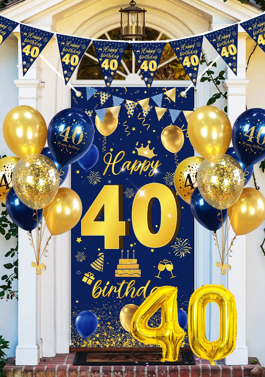 40th Birthday Decorations Banner & Garland - Blue-Gold, Balloons & Confetti