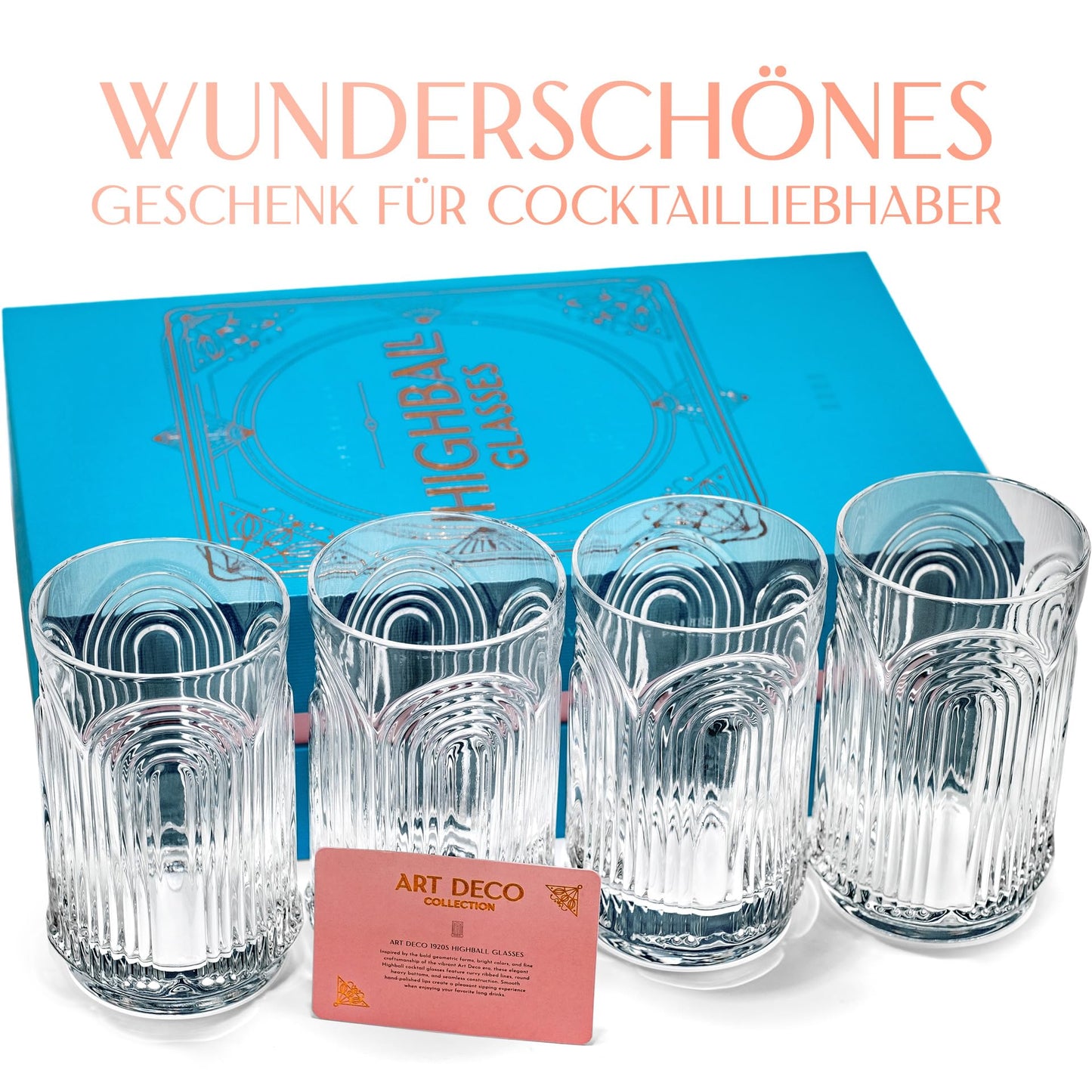 GLASSIQUE CADEAU Vintage Art Deco 1920s Gin Cocktail Highball Glasses with Relief for Caipirinha, Mojito, Gin Tonic, Cuba Libre | Set of 4 | 400 ml Highball Cocktail Glasses