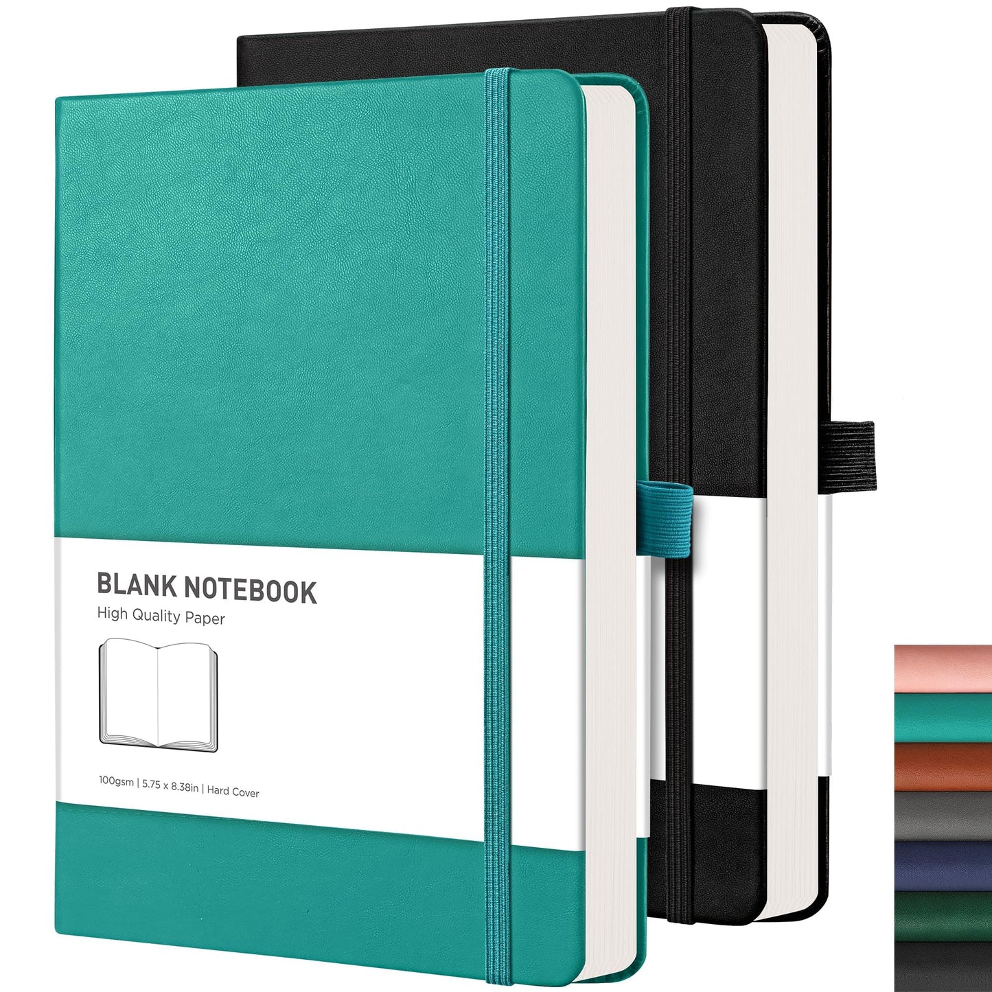 RETACY Notebook A5 Blank 2 Pack - 384 pages Unlined Notebooks with 100gsm Blank Paper, Pen Loop, Inner Pocket, for Sketching School Women Men 14.5 x 21cm-Cyan