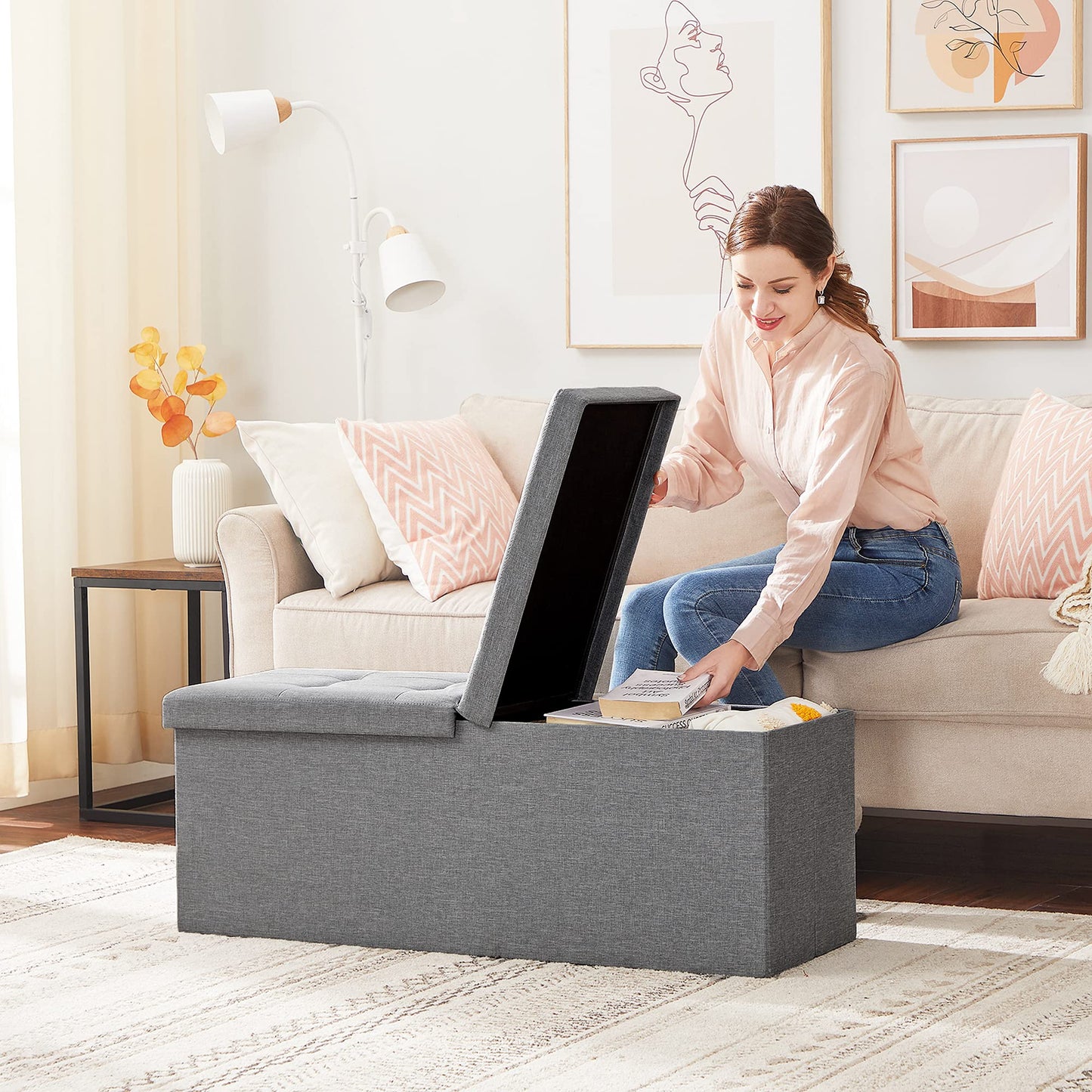 SONGMICS Storage Ottoman Bench, Folding Seat Chest, Storage Box, 14.96 x 43.3 x 14.96 inches, Lid Foldable, Supports up to 660 lbs, for Entryway, Living Room, Bedroom, Ash Gray LSF71G