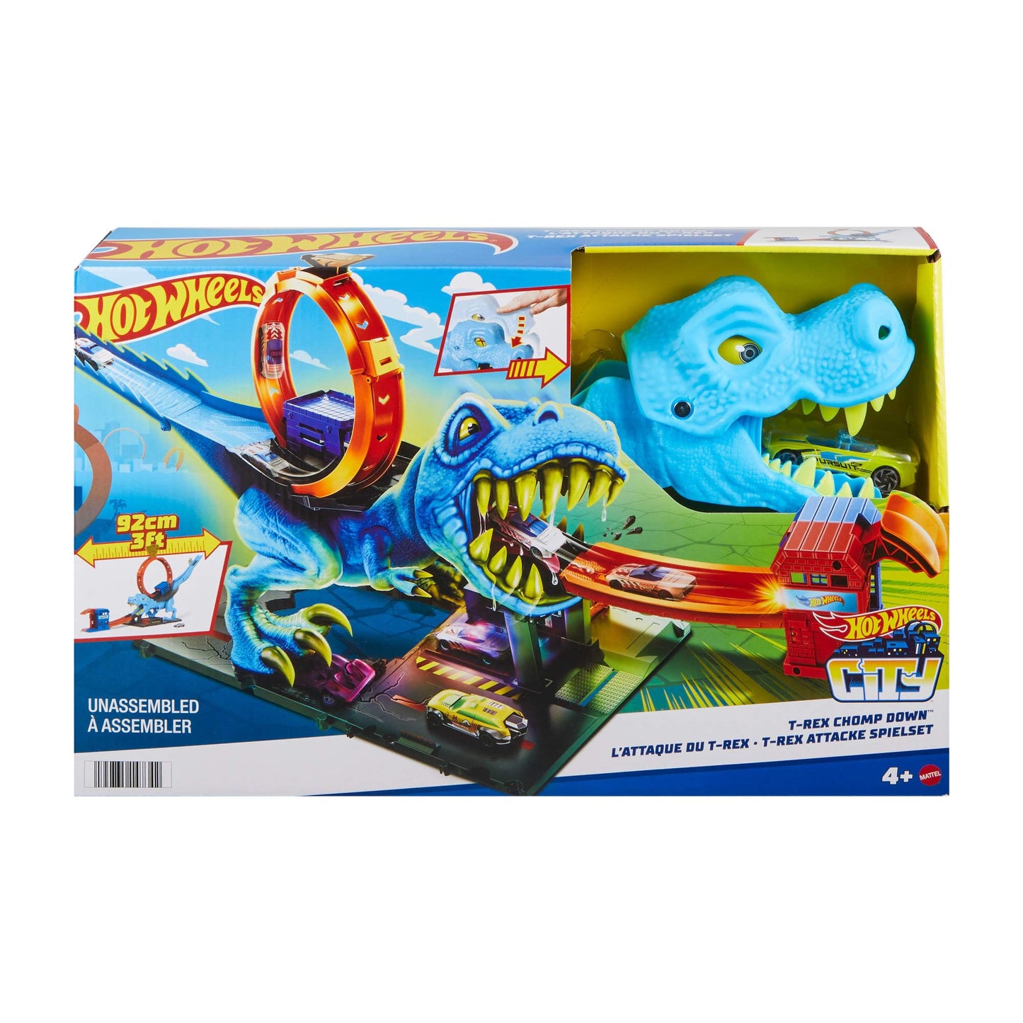Hot Wheels City T-Rex Attack - Skill through precise timing, police station, loop, dinosaur, cross-eyed, for kids ages 4 and up, HNP77