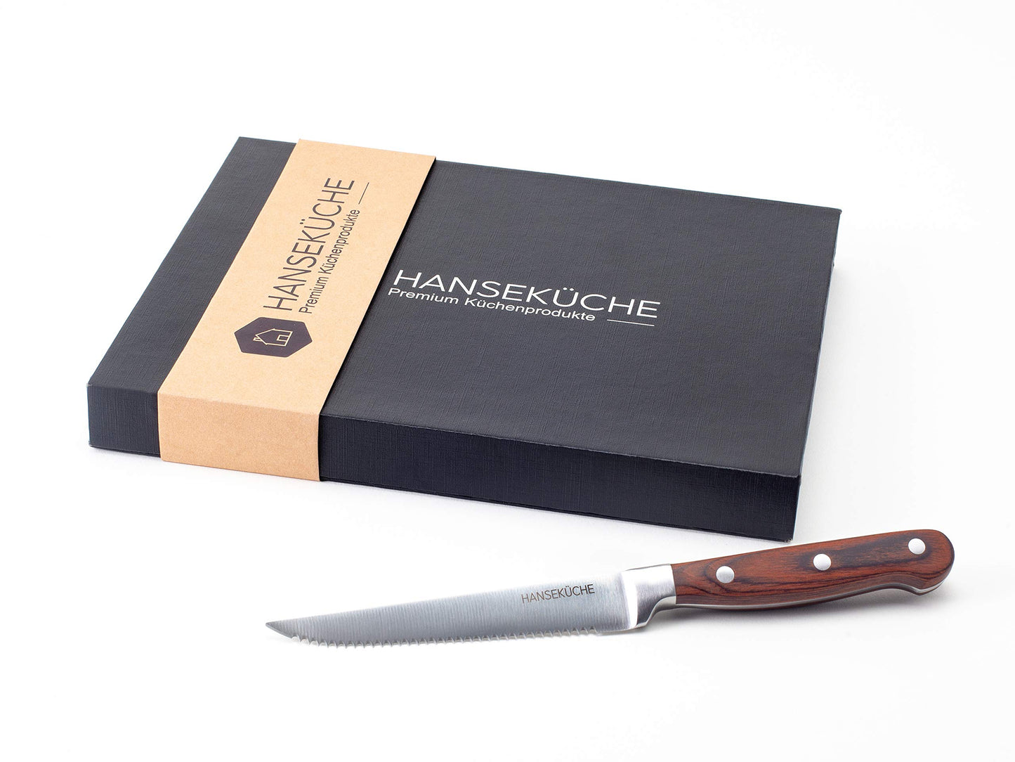 Hanseatic Kitchen Steak Knife Set - 6 High-Quality Steak Knives with Wooden Handles - Elegant Cutlery Set made of stainless special blade steel with serrated edge and gift box (Brown)