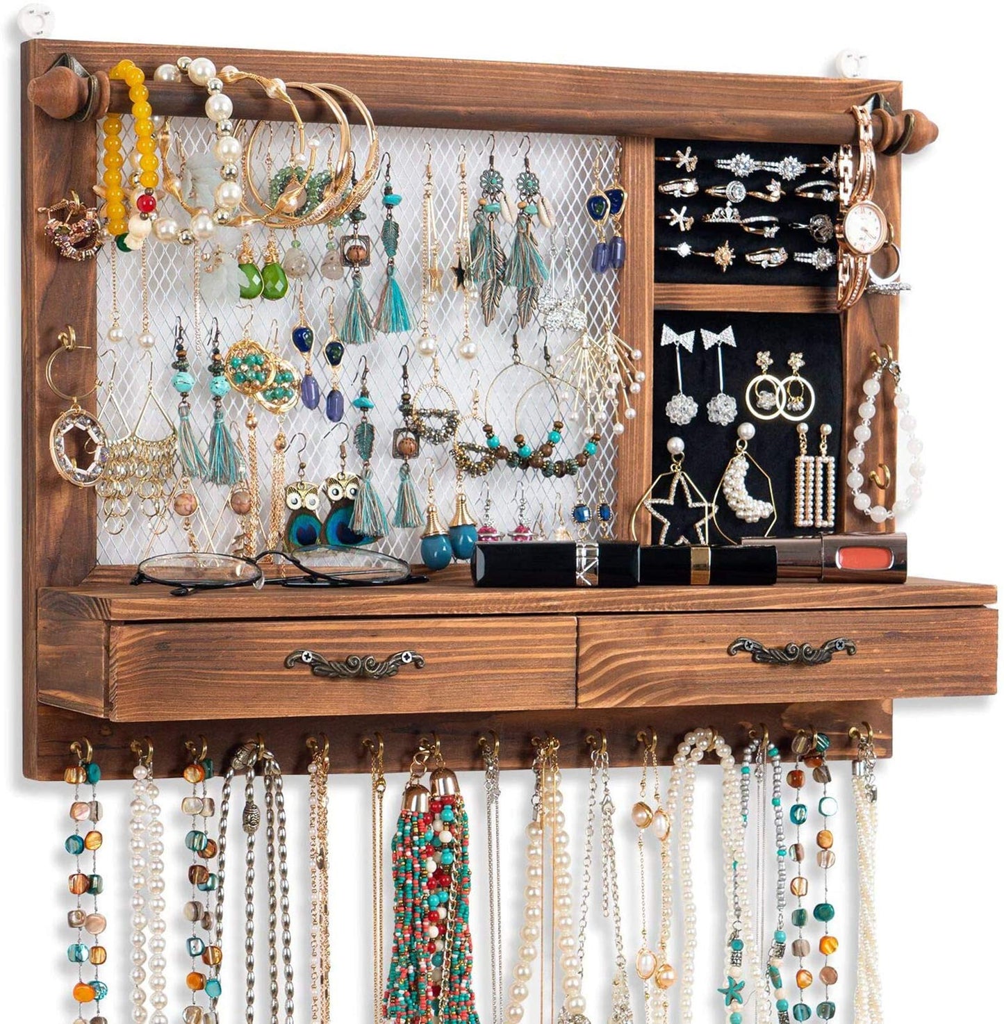 QILICZ Wall Jewelry Organizer with Bracelet Rod, 21 Hooks, Drawer Jewelry Storage for Earrings, Studs, Necklaces, Bracelets, Rings.