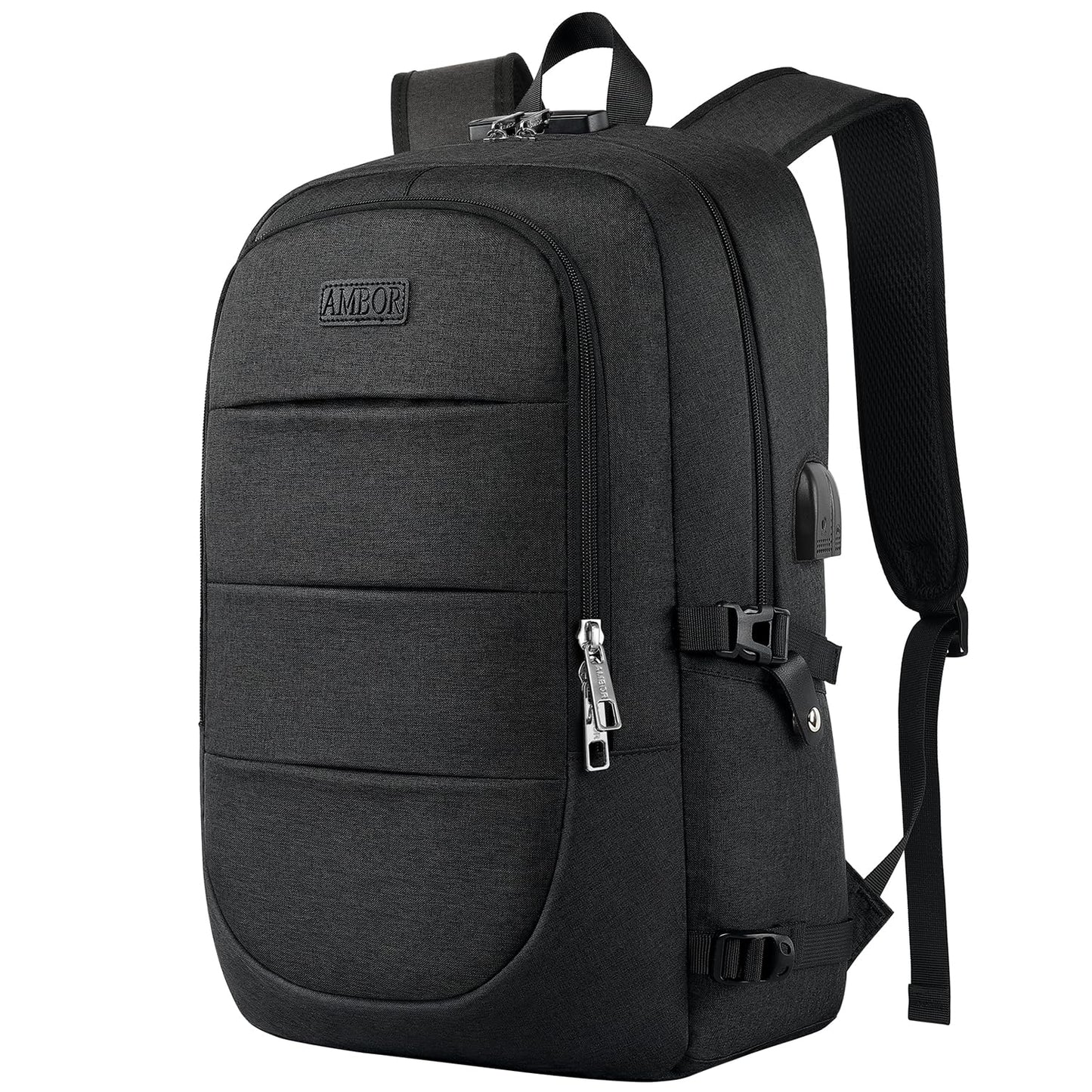AMBOR Backpack for Men, 17.3 Inch Laptop Backpack School Backpack with USB Charging Port, Women's Anti-Theft Backpack Multifunctional Notebook Bag Waterproof, Black