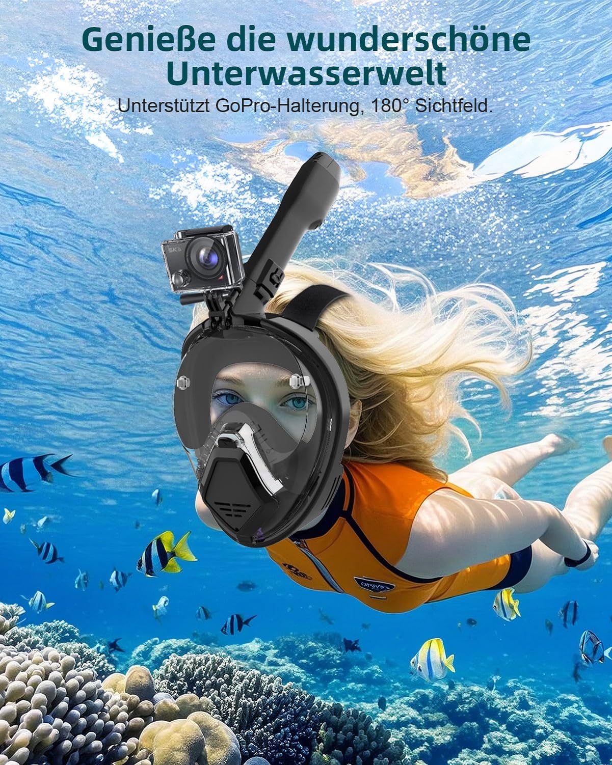 Adult snorkel mask, diving mask for adult man with foldable sun visor, full face mask with camera mount, 180° panoramic view and anti-fog, diving mask for glasses wearers.