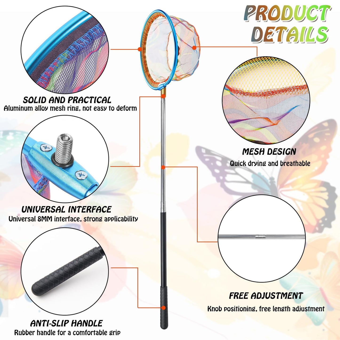Jeinbuil Telescope Children's Butterfly Net Children's Small Fishing Net Outdoor Length from 66 cm to 145 cm Ideal for catching insects, fishing, pond, pool, garden, beach (1 piece)
