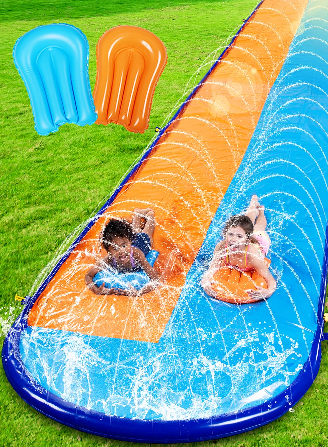 SLOOSH 22.5ft x 62in/685.8*157.5cm Double Lawn Water Slide, sturdy water slide with sprinkler and 2 inflatable boards for kids and adults, summer party, backyard, outdoor water activities.