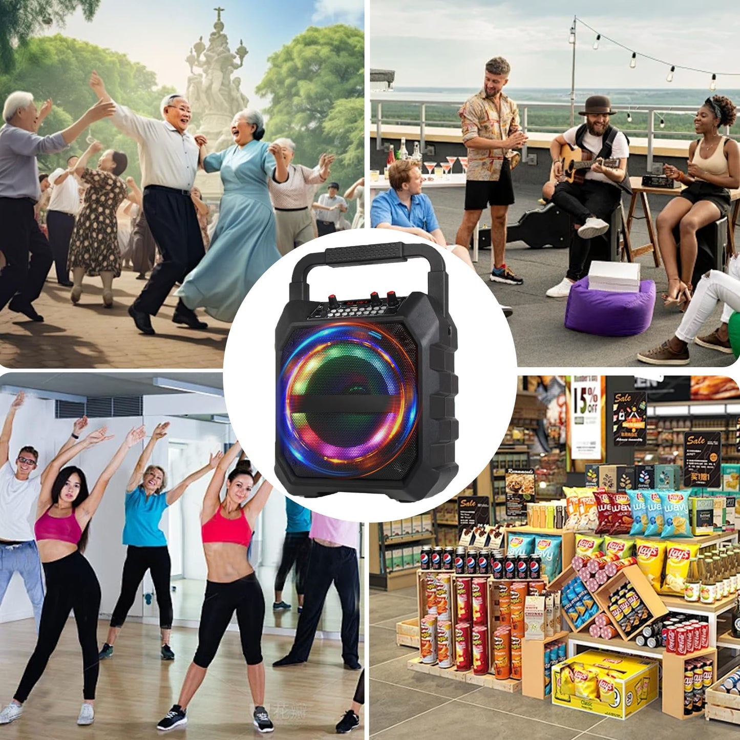 Portable karaoke machine with 2 wireless microphones, portable Bluetooth speaker with RGB lights, PA system for adults and kids, supports TF/USB, FM, Rec, AUX in.