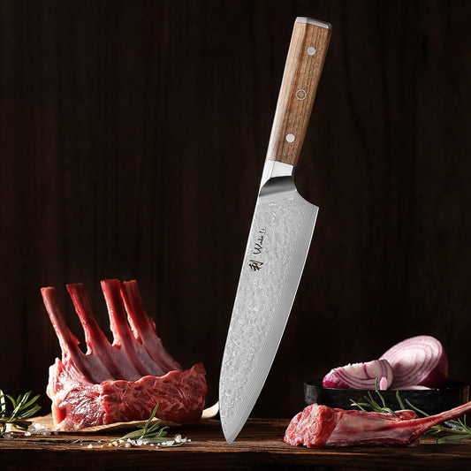 Wakoli Oribu Kiritsuke Knife 20 cm - Kitchen knife made of 67 layers - Damascus knife with VG10 core, extra sharp, olive wood handle, versatile for meat, fish, vegetables, gift box, full tang knife sharp