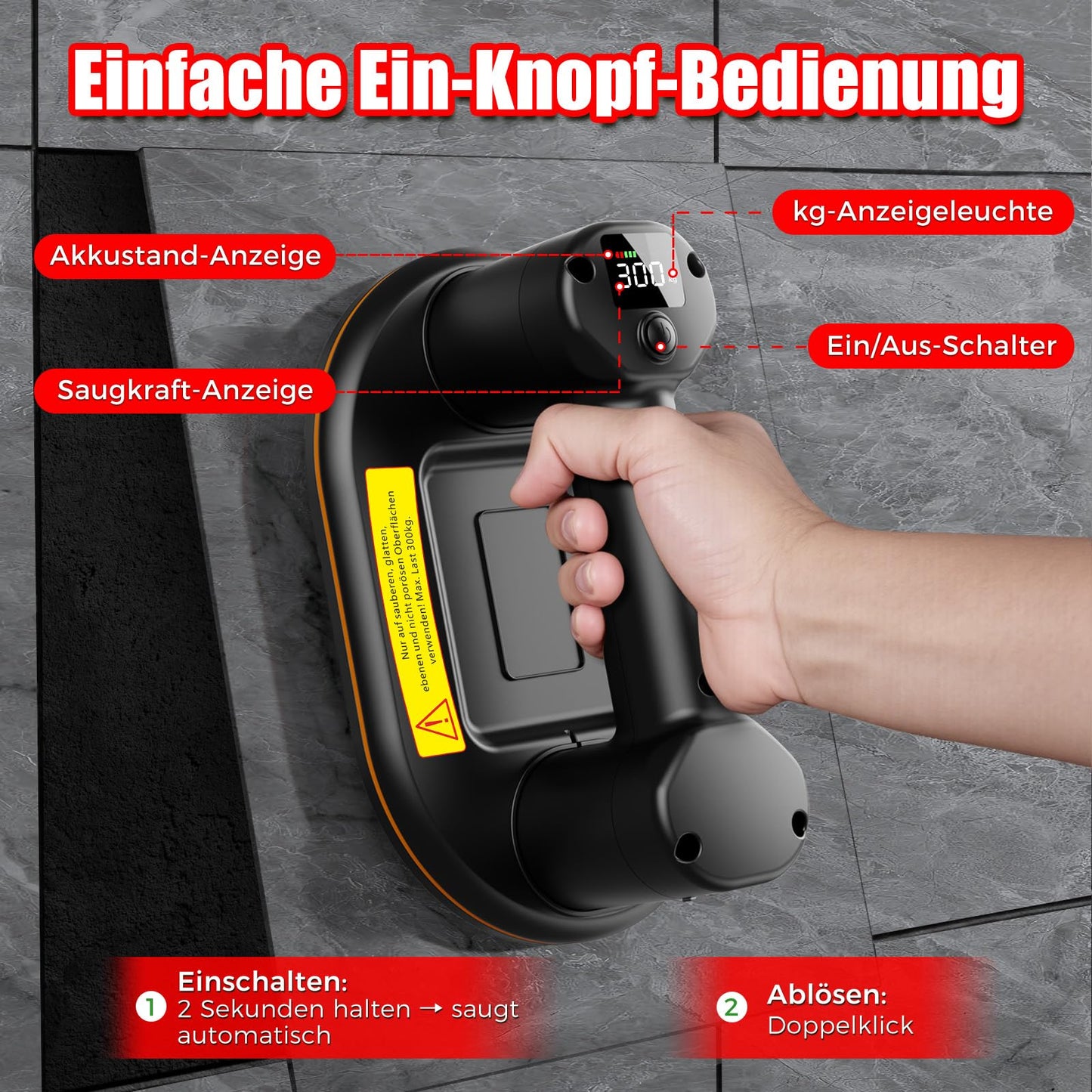 JUYLTOOL 24cm battery suction lifter with 300KG suction power, 2 motors, battery vacuum suction lifter tile lifter glass suction cup with auto re-suction function & LCD display for suction power & battery life, 4000 mAh battery