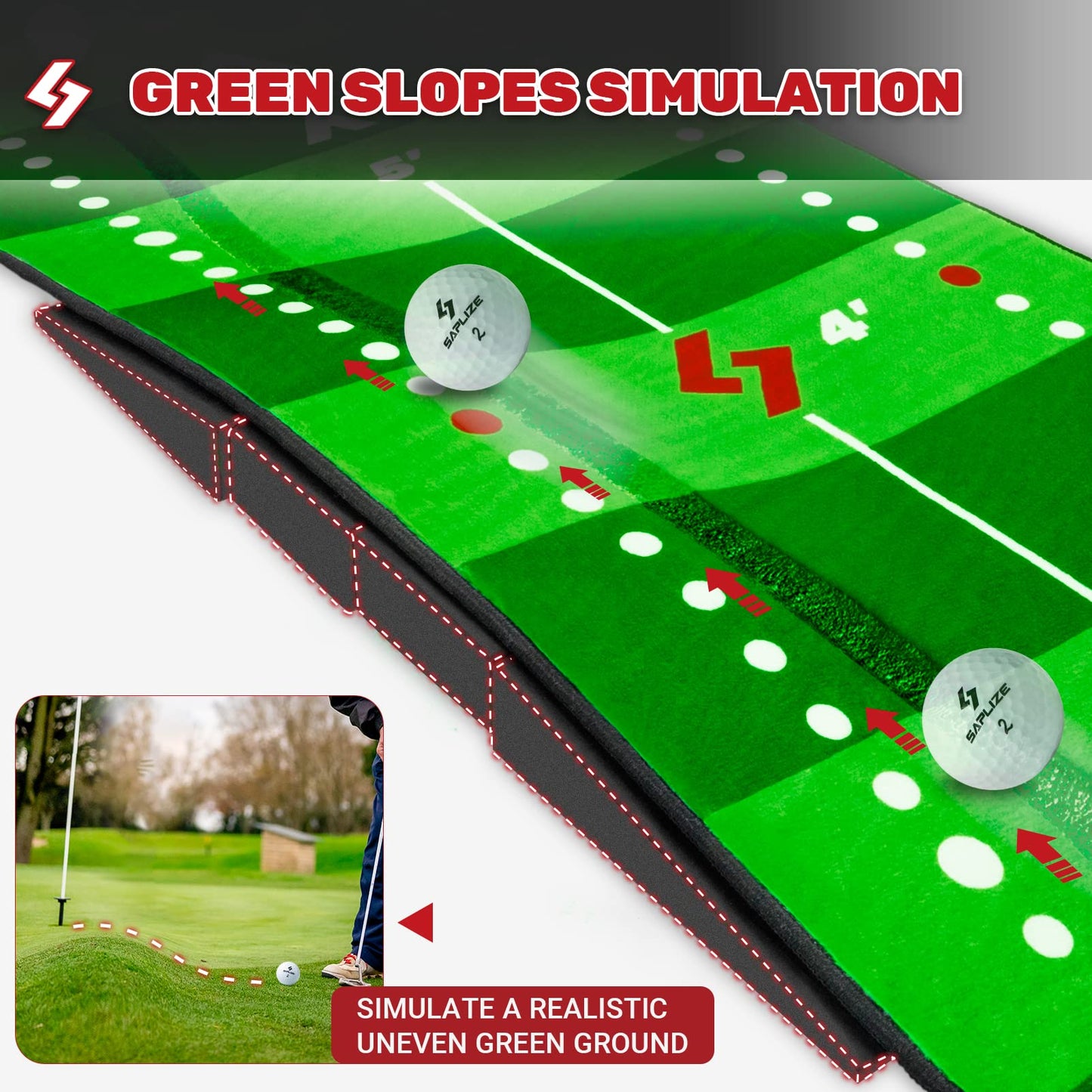 SAPLIZE Golf putting mat with visible ball traces, putting alignment mirror, 20 inches x 10 feet indoor putting mat for home office practice aid.