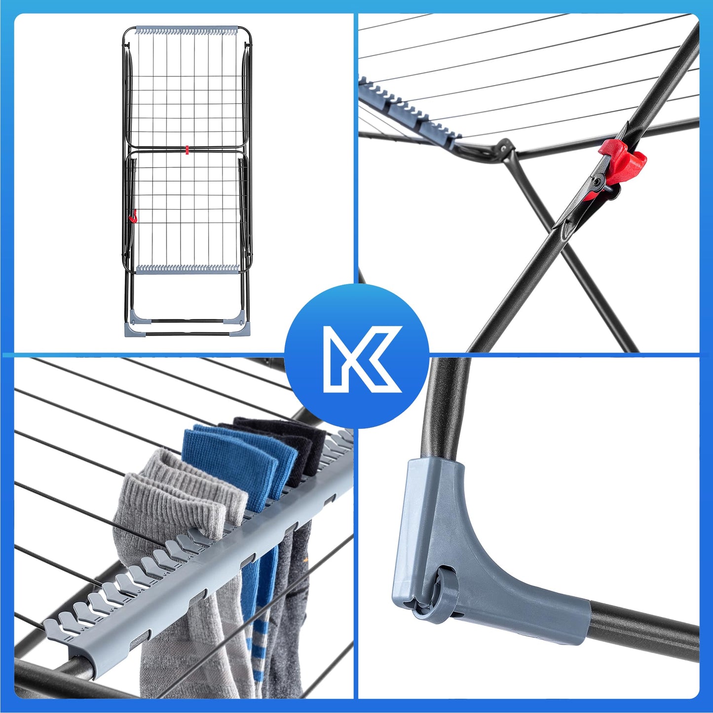 KADAX clothes dryer with 18m drying area in anthracite color, with wheels & sock hanger. Ideal for apartment balcony & garden, foldable wing dryer with non-slip feet, space-saving, Made in EU.