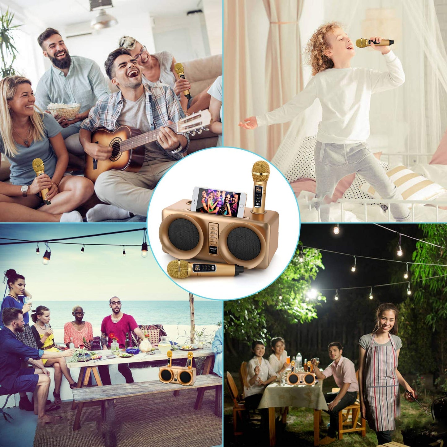 ALPOWL Karaoke Machine for kids and adults, portable Bluetooth speaker PA system with 2 UHF wireless microphones for home party, wedding, church, picnic, outdoor/indoor (Gold)