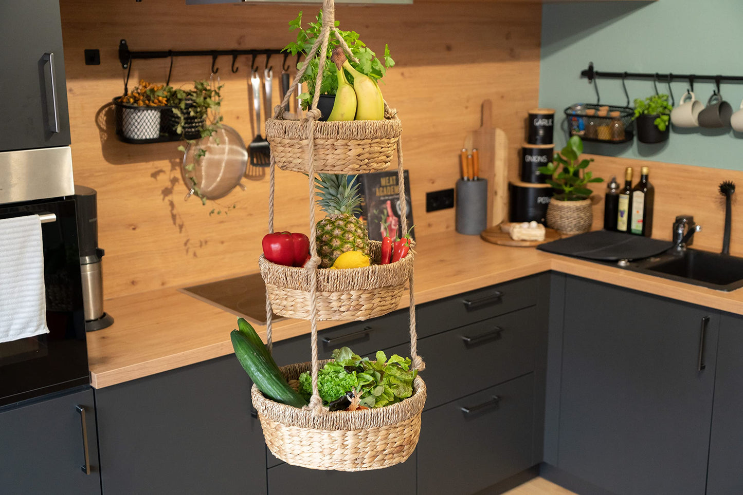 Decorasian Hanging Fruit Basket, Large 3-tiered stand made of water hyacinth - Fruit rack for storing fruits and vegetables - Hanging basket - 34cm