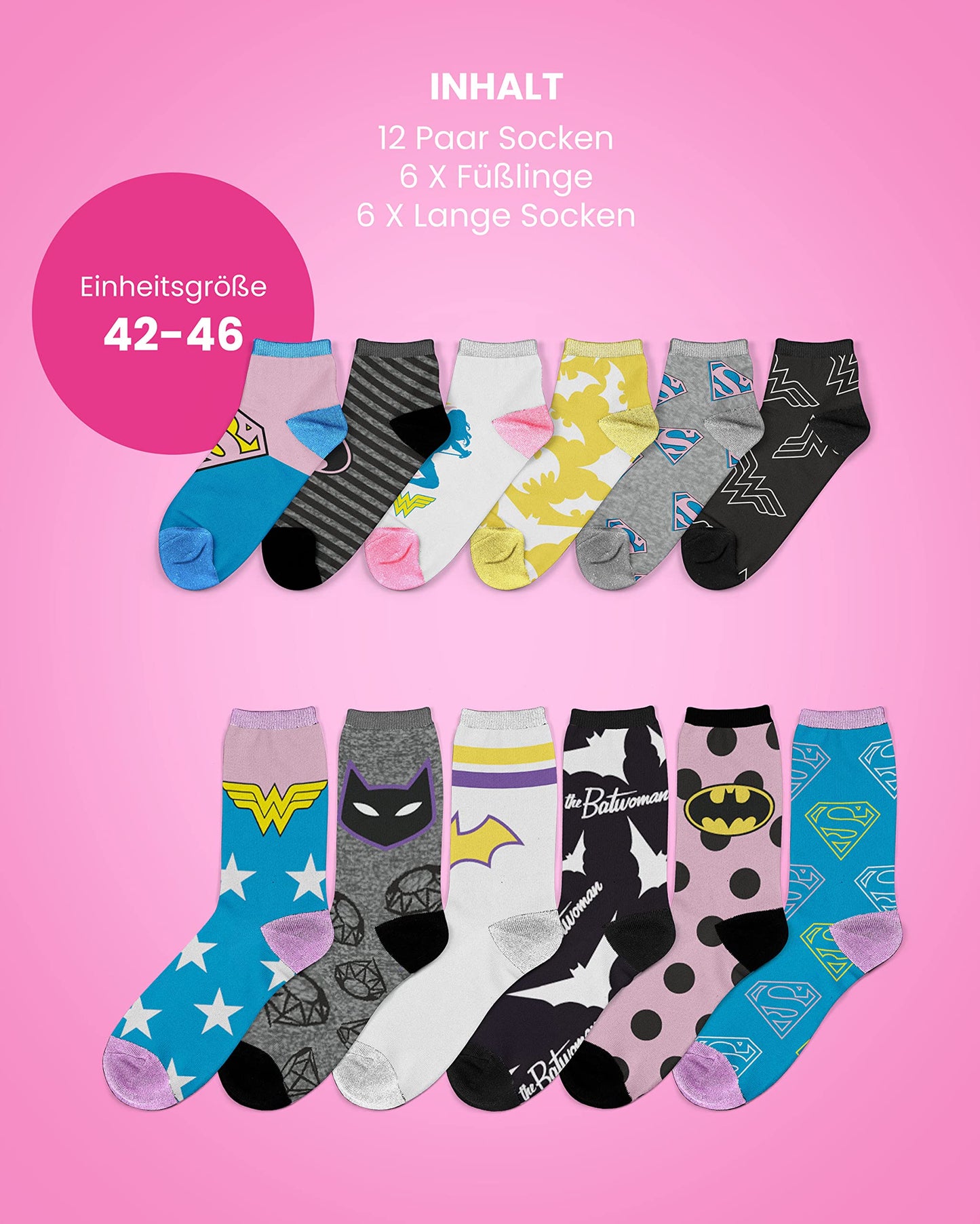 WOMEN OF DC | Original Advent Calendar | Wonder Woman & Co | 12 Pairs of Socks for Women | Christmas Calendar with Footies + Long Socks | Size 35-41
