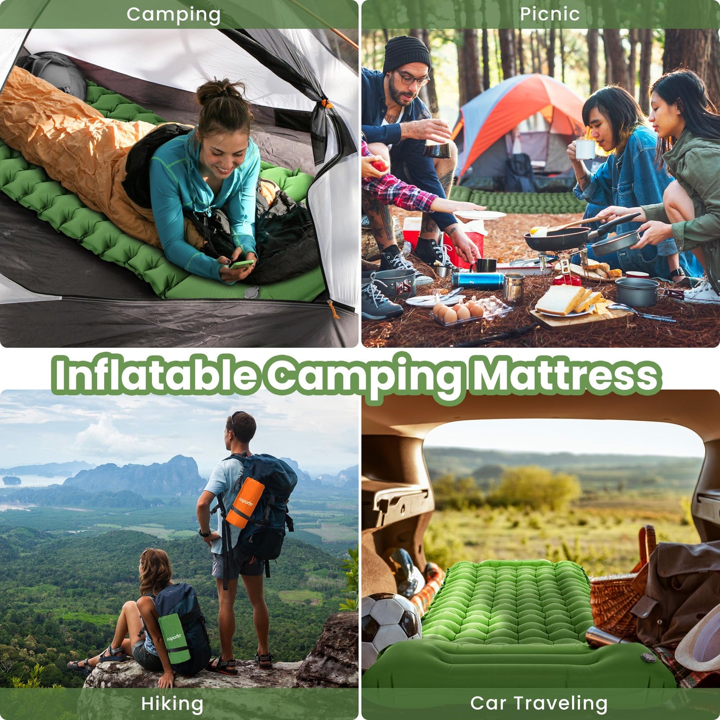 ROPODA self-inflating camping mat with pillow, ultralight inflatable sleeping pad with foot pump, waterproof sleeping mat for outdoor, camping, hiking (green)