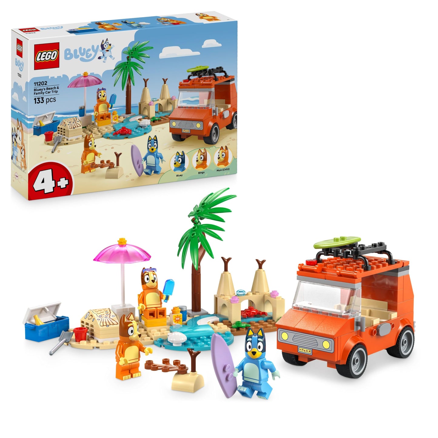 LEGO Bluey: Bluey's Beach & Family Car Trip Toy includes 3 minifigures (Bingo & Chilli), 2 surfboards, a sand castle, and fun accessories. Perfect birthday gift for 4+ year old girls & boys. - 11202