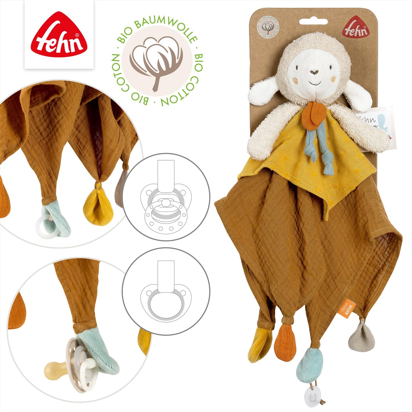 Fehn Cuddly Blanket Sheep fehnNATURE - Playmate & Fabric Snuggle Blanket made of organic cotton - with pacifier attachment - for babies & toddlers from 0+ months