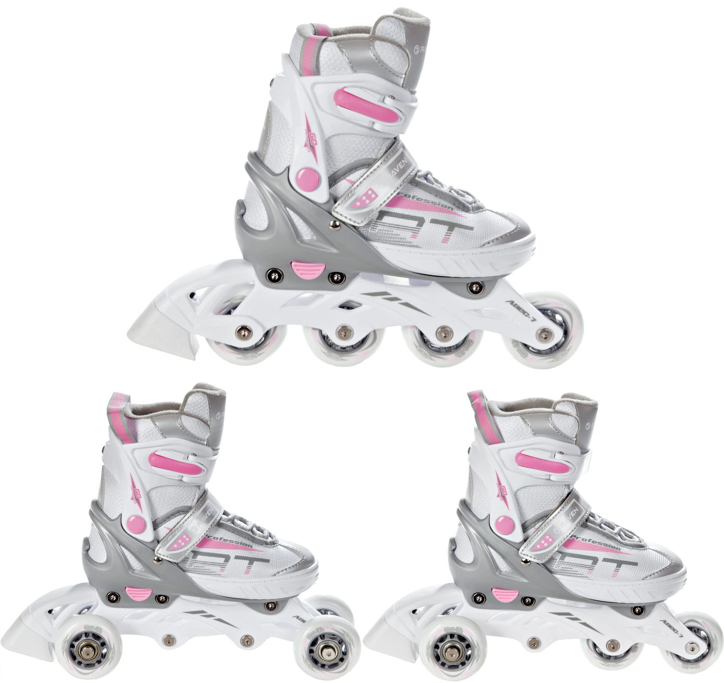 RAVEN Profession 3in1 Inline Skates Triskates Roller Skates Inline Skates for Kids and Adults adjustable (White/Pink, 28-32 (18.5cm-21cm))