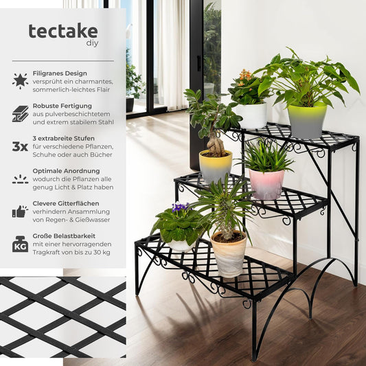 tectake® Plant stand, metal flower shelf, plant bench with 3 steps, plant rack, outdoor plant rack, flower shelf, flower stool approx. 60x60x60cm (steps straight | Number 401711)