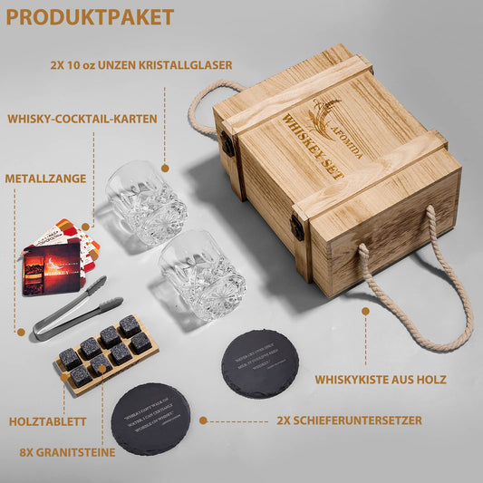 Whiskey glass and stone set gift for men husband dad special gift - 8 whiskey granite cooling stones - 2 glasses 10 oz - 2 coasters - tongs cocktail recipe wooden box Christmas/birthday.