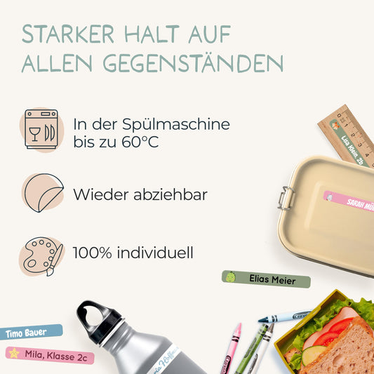 melu kids® Name Stickers for School & Daycare (225 pieces) - Personalized stickers with names for pencils and all school supplies - Water-resistant in dishwasher (Pink)