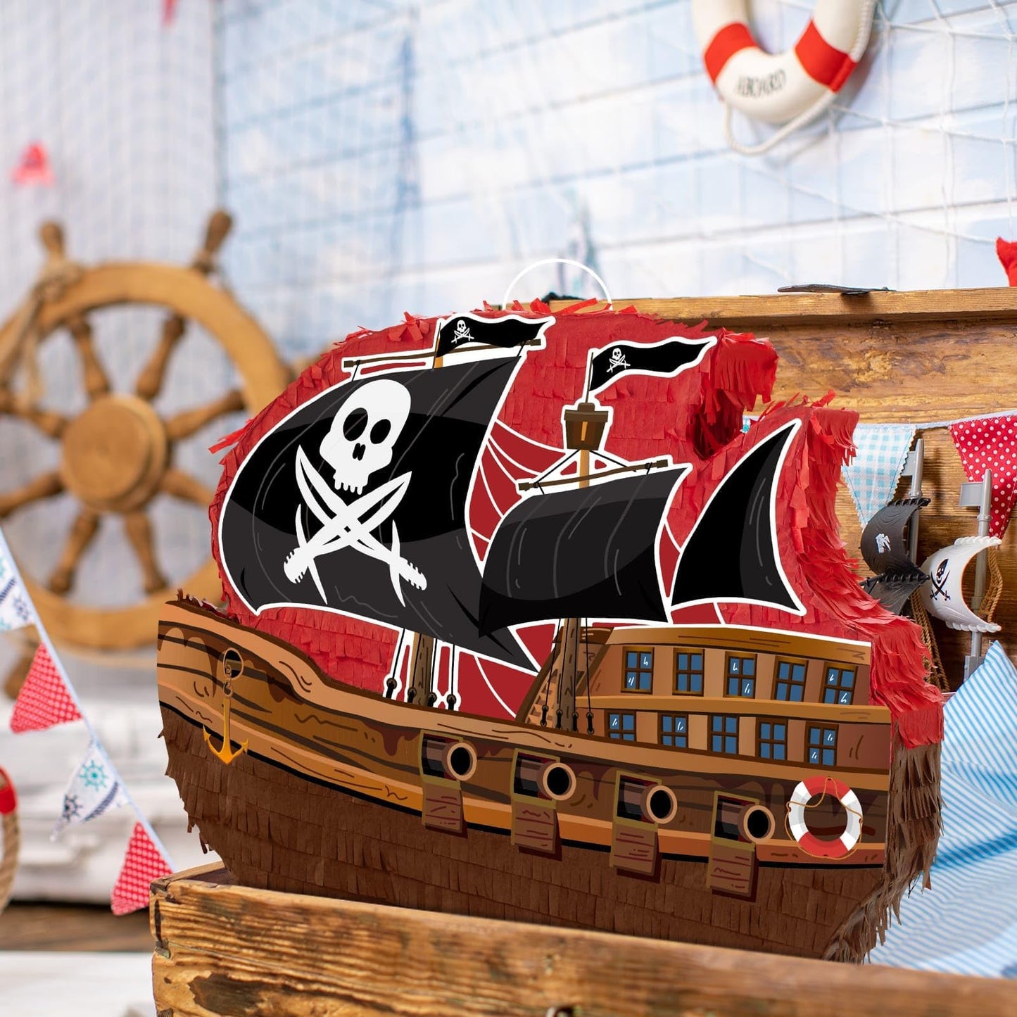 WERNNSAI Pirate Piñata - Pirate ship piñata with blindfold and bat for boys and kids Caribbean pirate party gifts for birthdays decorations family games pirate party supplies