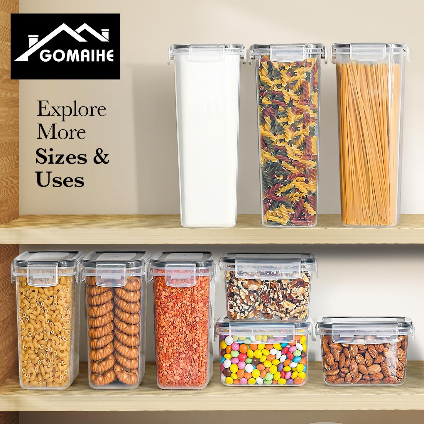 GoMaihe 6-piece set 2.8L storage containers: Containers with lids for spaghetti storage | Airtight kitchen storage box for cereal, flour, pasta, and sugar | BPA-free | Dishwasher safe