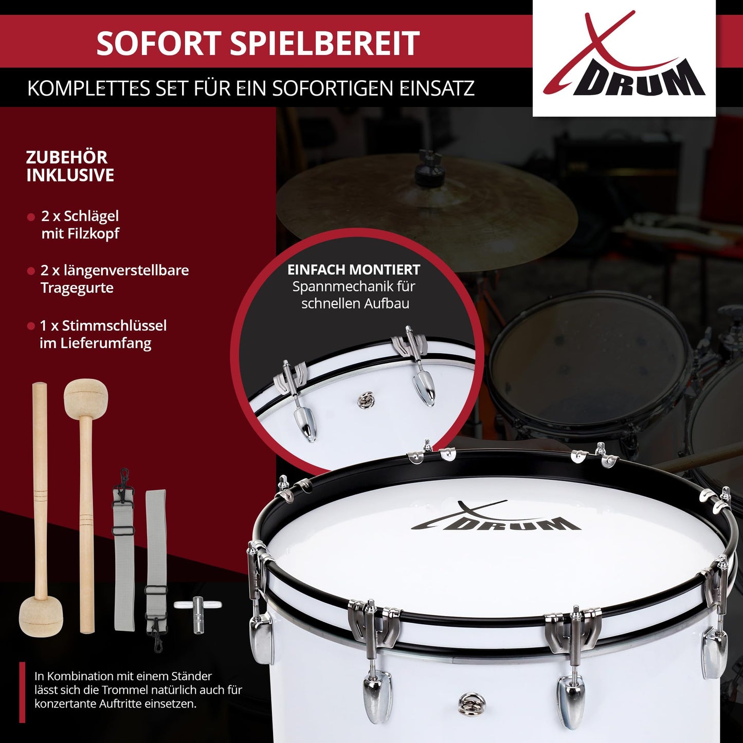 XDrum MBD-226 Marching Bass Drum, Football Drum 26" x 12" (10.5 kg, 4 eyelets, tension rods, includes pair of mallets, carrying straps, tuning key) white