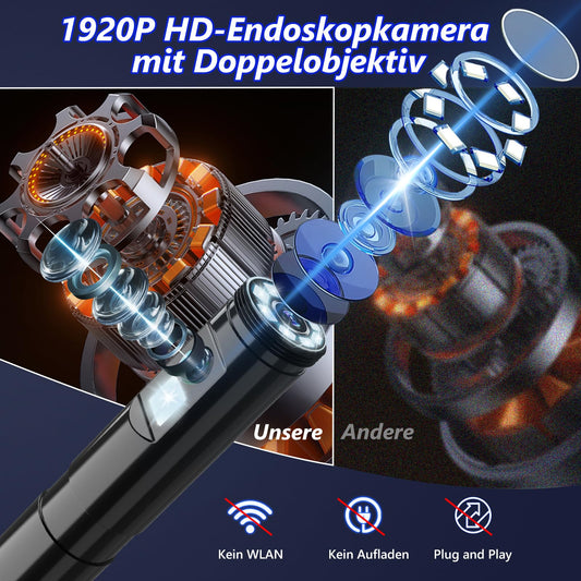 Endoscope camera with light, 1920P HD tube camera with dual lens, IP67 waterproof endoscope with 8+1 LEDs, 5M semi-rigid cable, inspection camera for Android iOS mobile phones, sewer pipe camera.