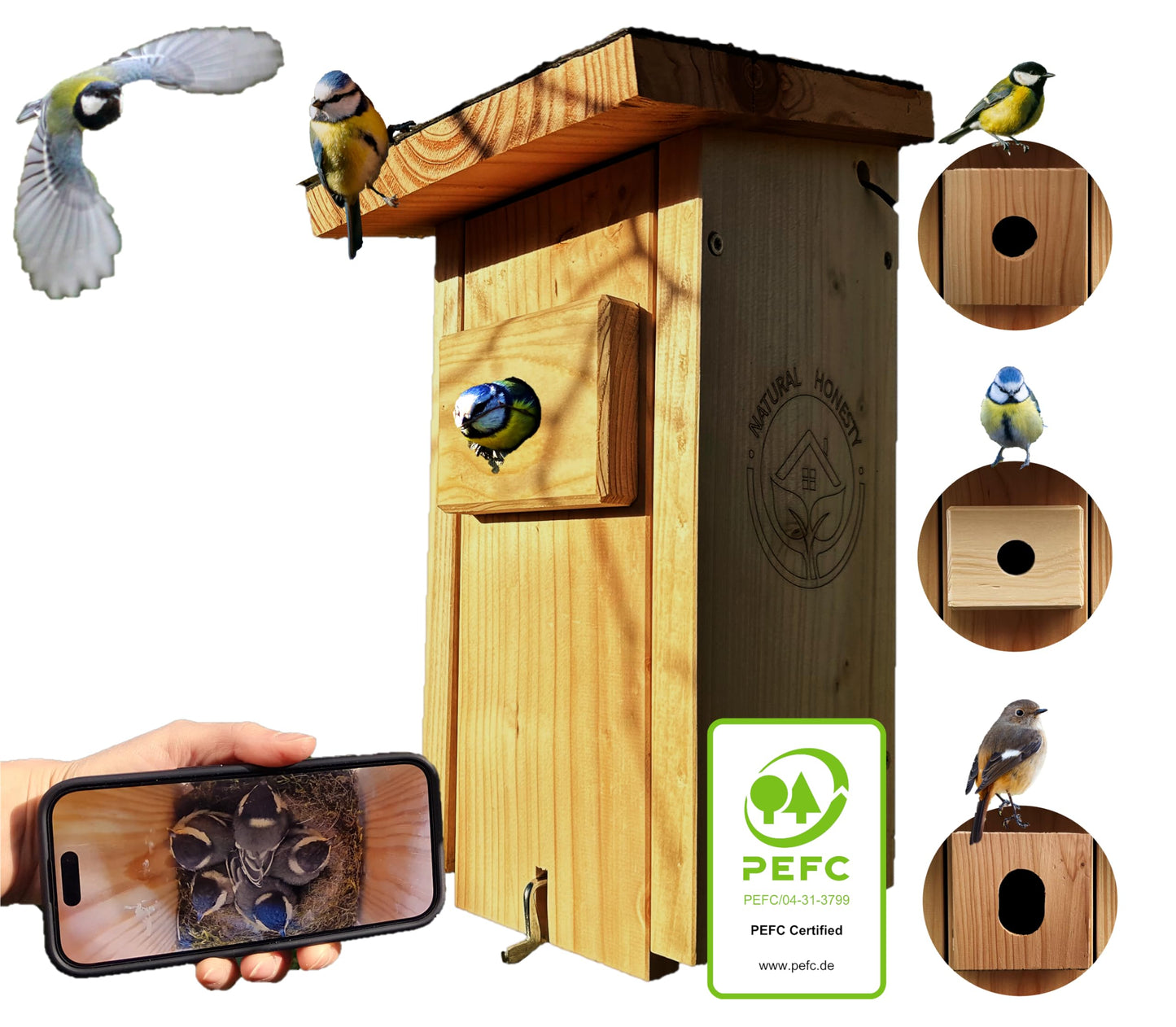 High-quality nesting box with camera | Live stream | PEFC® certified solid wood | Breeding box | Camera birdhouse with 3m power cable | Gift idea for the garden.