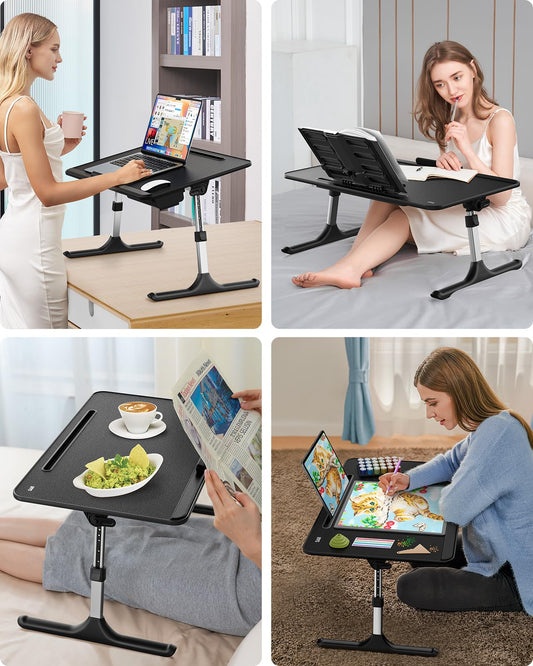 Folding Bed Table, SAIJI 60 * 40cm Laptop Desk, Adjustable Height in 5 Levels, with Book Stand, Drawer, Lap Stopper, Tablet Slot, Notebook Table for Reading or Breakfast and Drawing Table.