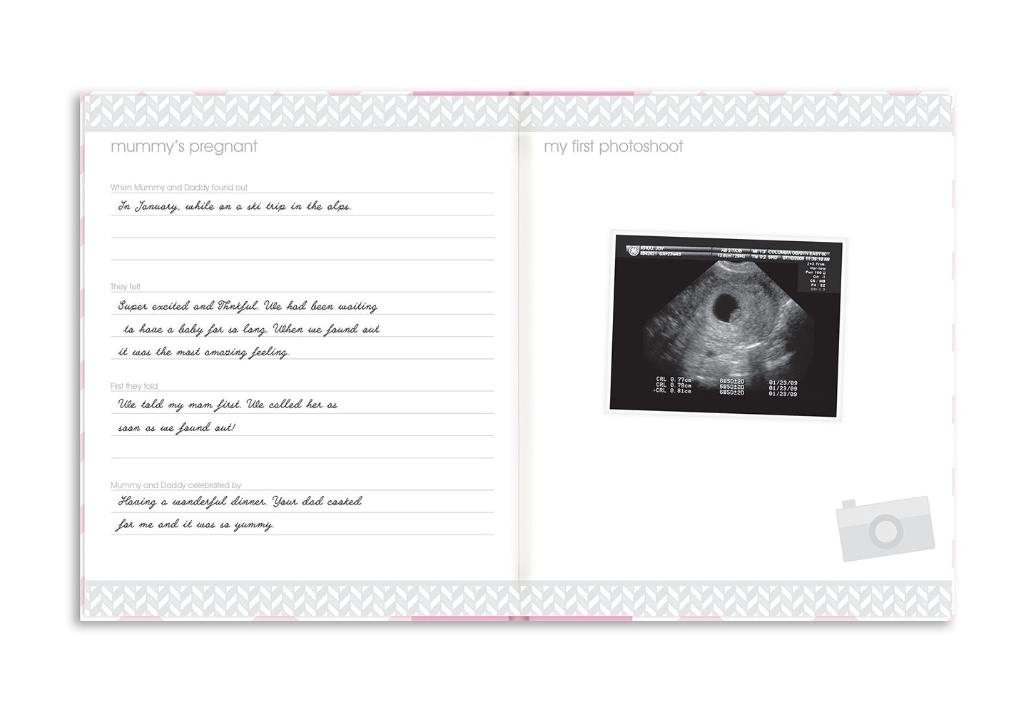 Pearhead First 5 Years Chevron Baby Memory Book with Clean-Touch Baby Safe Ink Pad for Baby Handprint or Footprint, Baby Girl Keepsake Book, Imprint Kit Included, Pink, US English Version