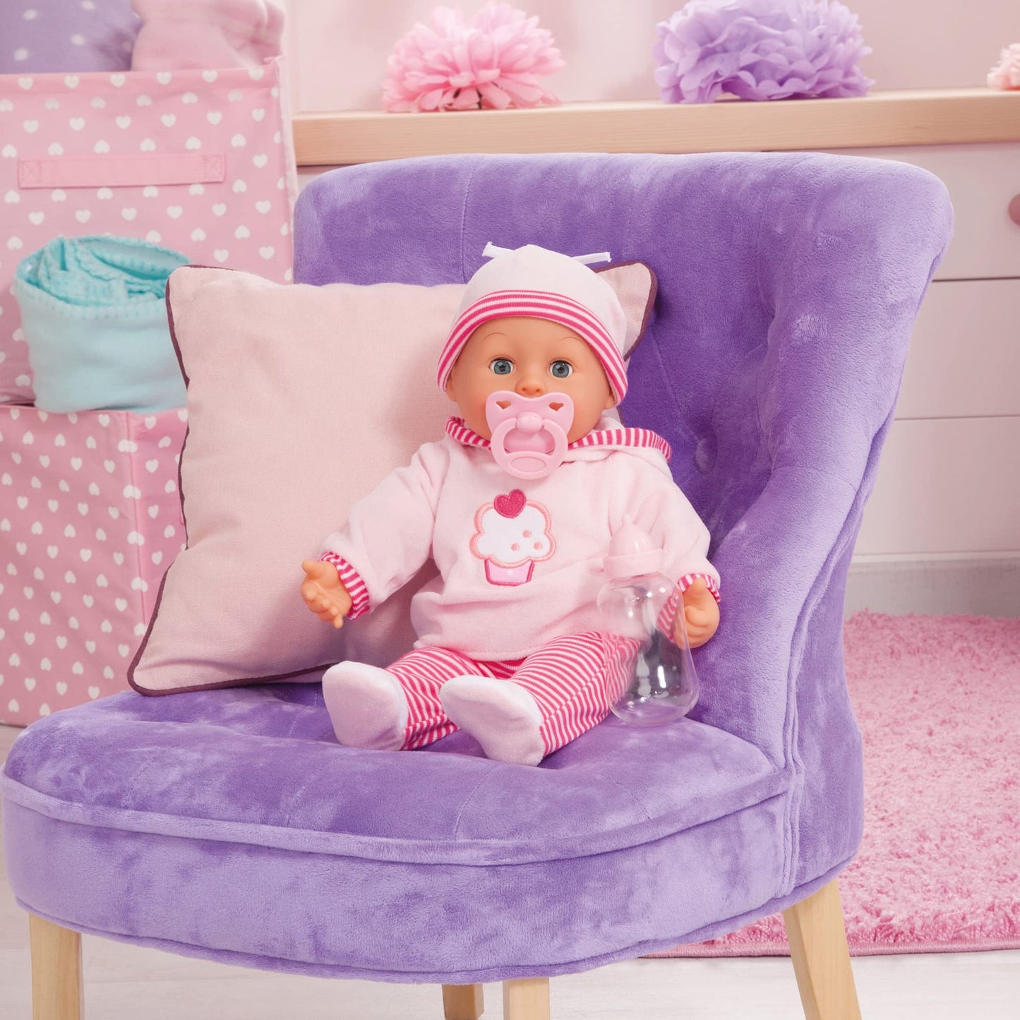 Baby doll First Words with sleeping eyes, speaks 24 baby sounds, comes with pacifier and bottle, 38 cm, pink/stripes.
