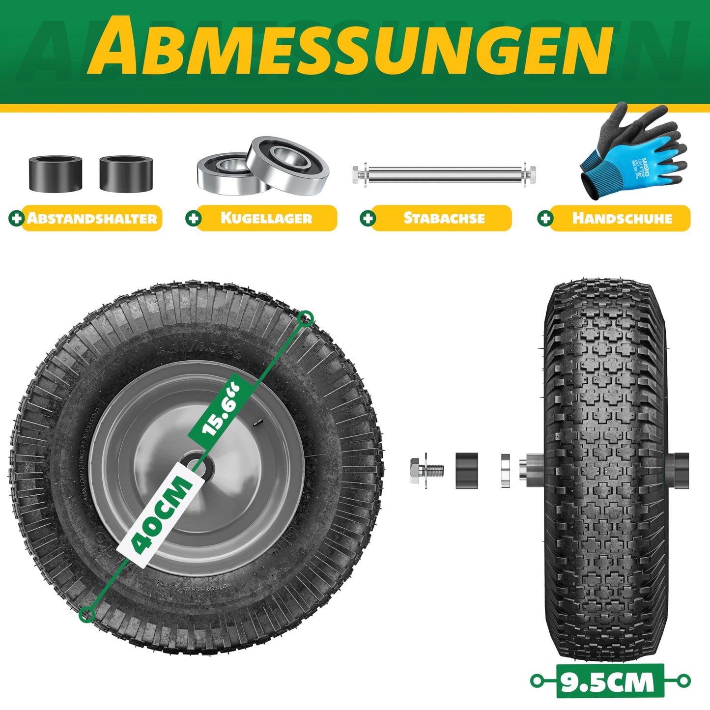 MASKO® wheelbarrow wheel pneumatic tire 250kg replacement wheel air-filled wheelbarrow garden cart 40cm/15.6" extra-wide 9.5cm air wheel puncture-proof tire with steel rim & gloves carbon steel ball bearing