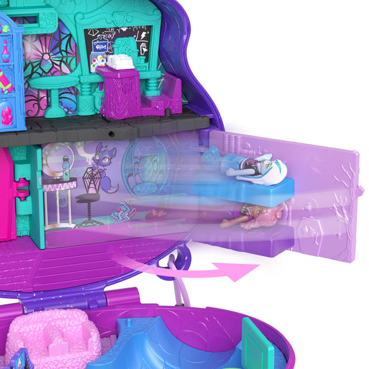 Polly Pocket Monster High playset with 3 small dolls and 10 accessories, school world inside, portable travel toy with storage capability, HVV58