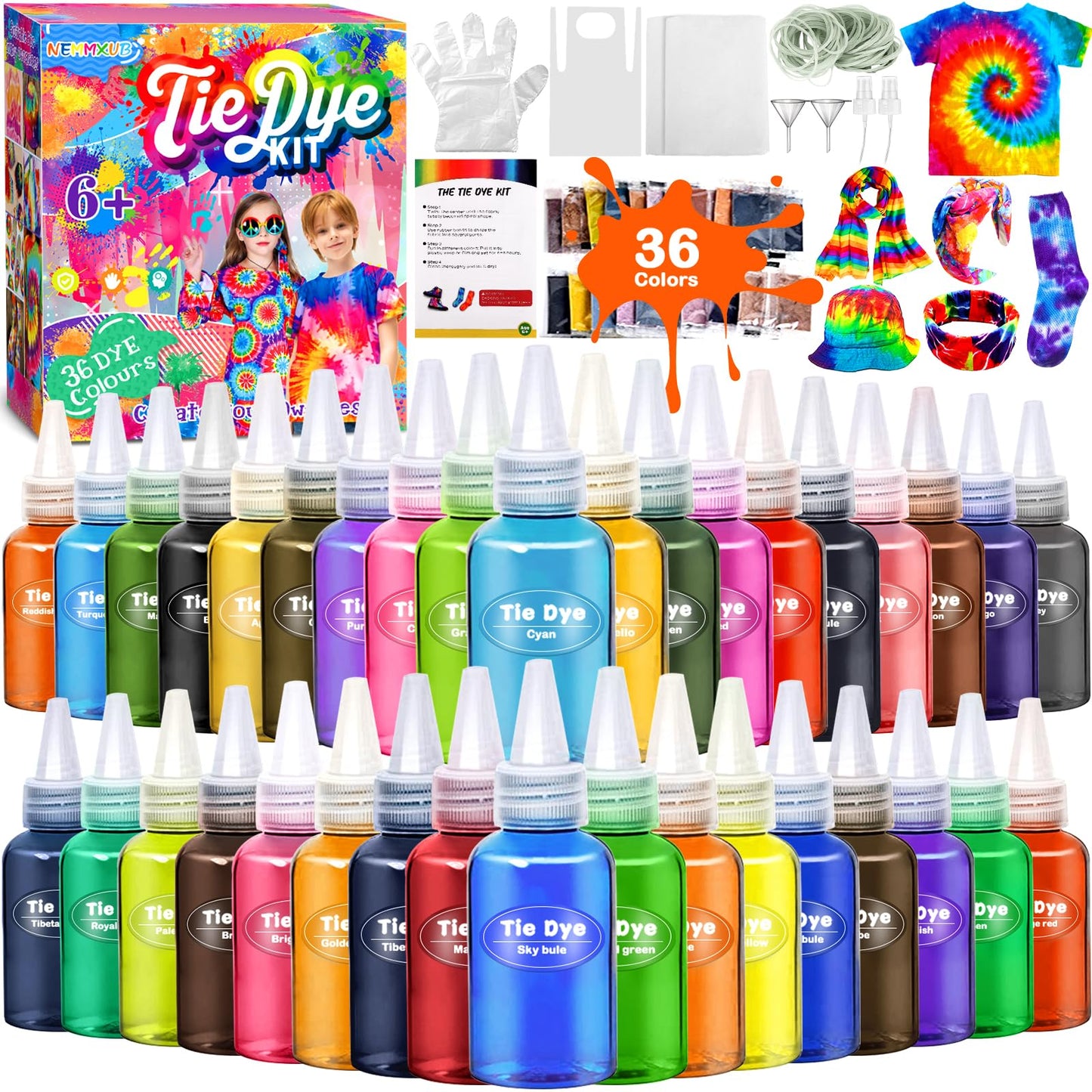 Batik kit, set of batik dyes, 36 colors for dyeing fabric and clothing, creative crafting Tie Dye Kit, games and activities, ideal art and craft set for children and adults (216 pieces)
