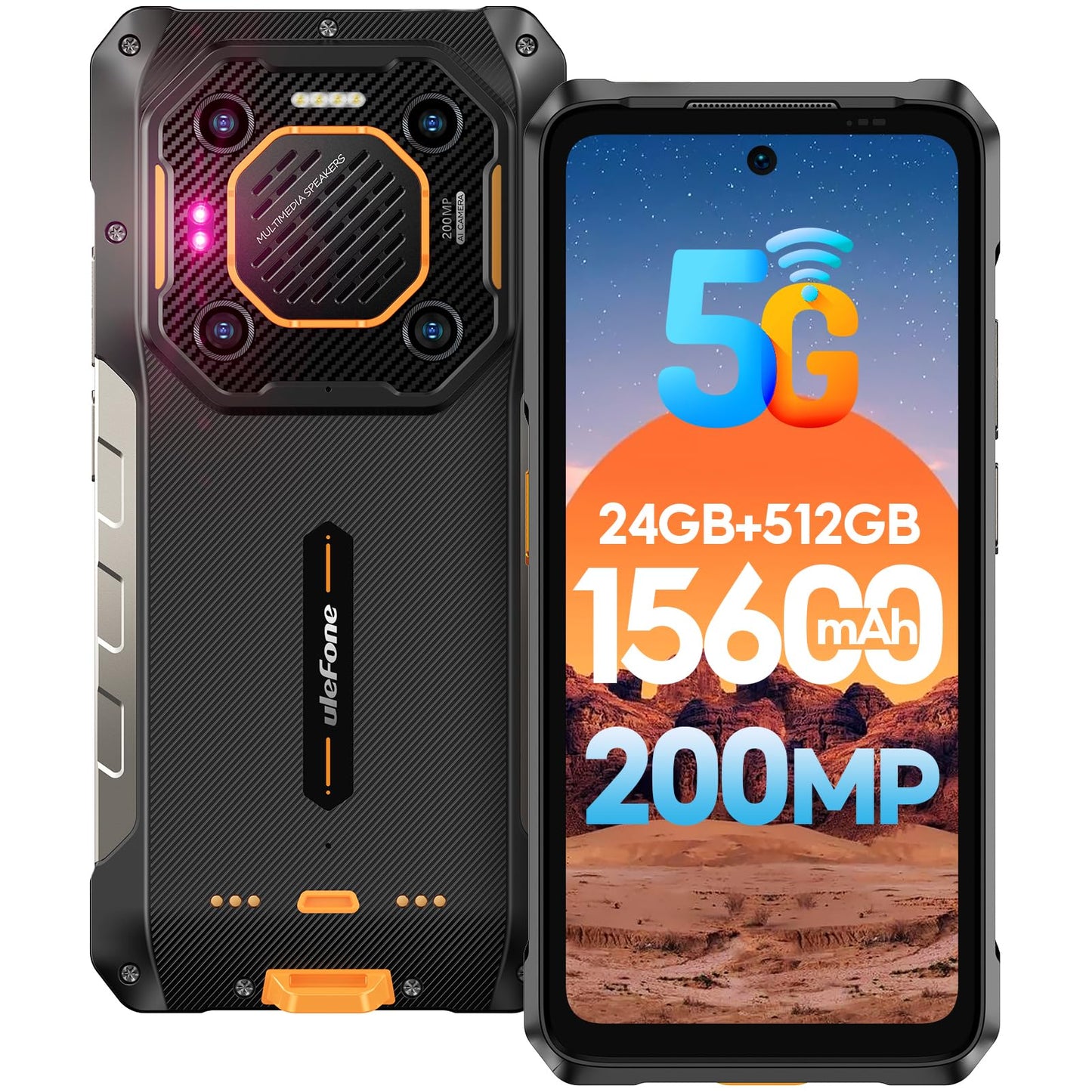 Ulefone Armor 26 Ultra 5G Outdoor Phone, 512GB+24GB 15600mAh/120W Dimensity 8020 200MP+50MP Camera 6.78” 120Hz 121dB IP68 Rugged Smartphone Android 13 Dual SIM Fingerprint ID/NFC 2 Year Warranty.