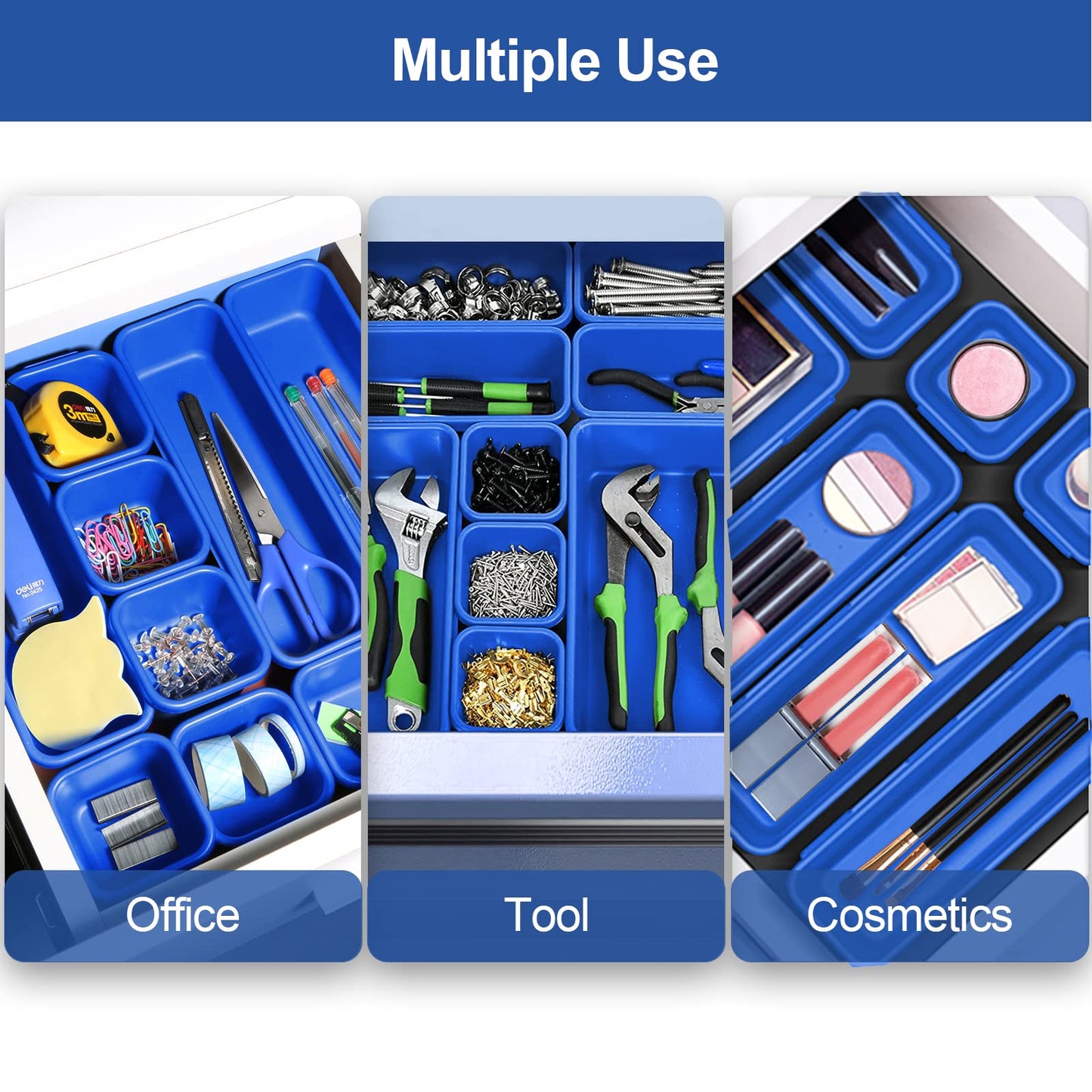 Haobin desk drawer organizer, interlocking, blue
