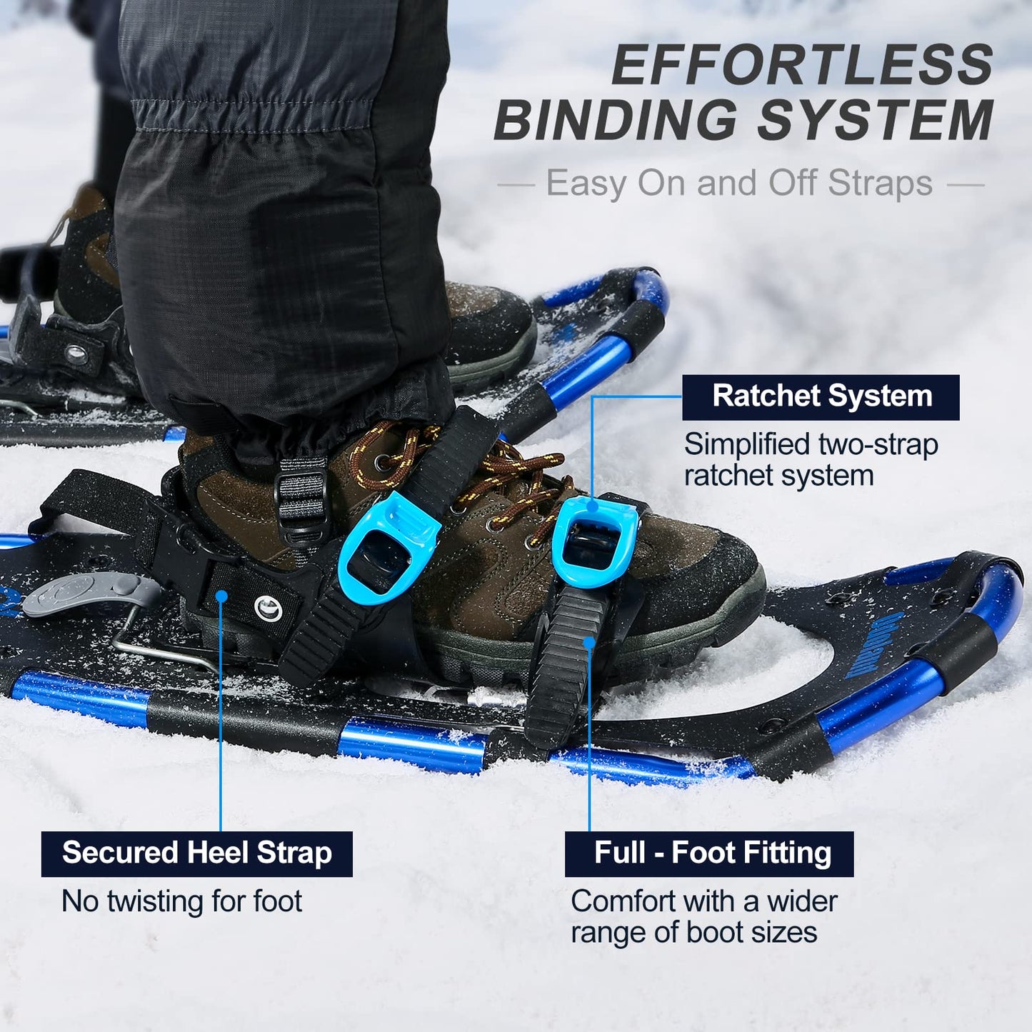 Odoland snowshoes with climbing aid Allround 4 IN 1 for women and men with hiking poles, waterproof gaiters and carrying bag, from shoe size 30 INCH Blue