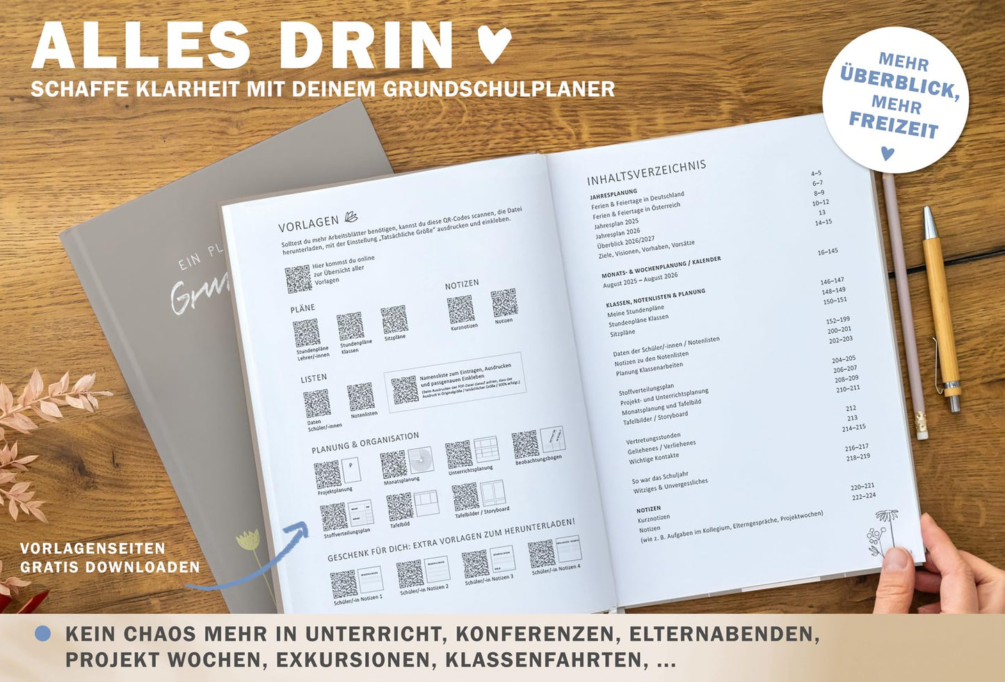 One of the good teacher planners 2025-2026, A4 elementary school planner, 1 double page per week, hardcover school planner for the 25/26 school year, gray beige with flowers, FSC paper.