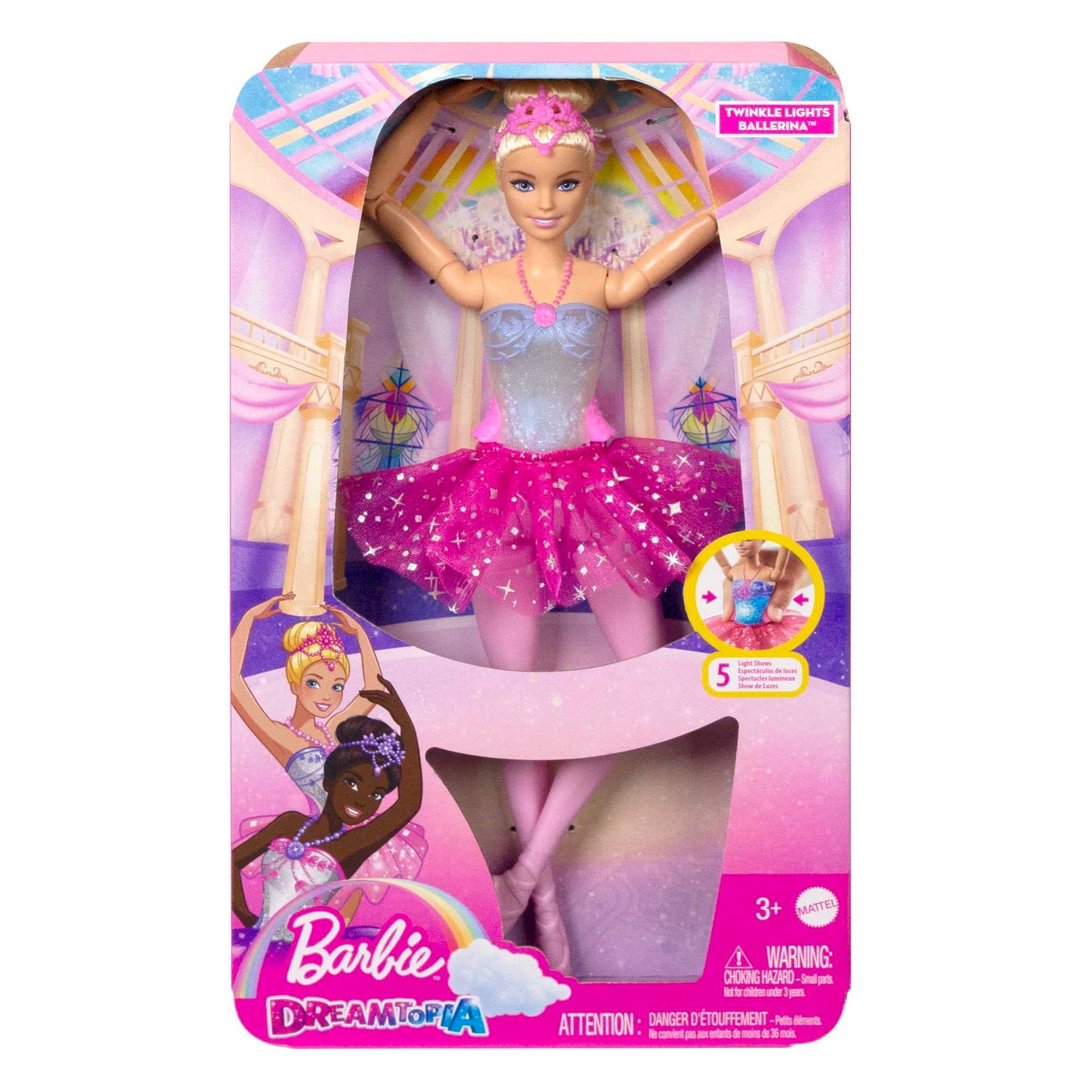 Barbie Dreamtopia Magic Light Ballerina Doll, with pink tutu and blonde hair, 5 light and sound effects, posable Barbie, for ages 3 and up, HLC25