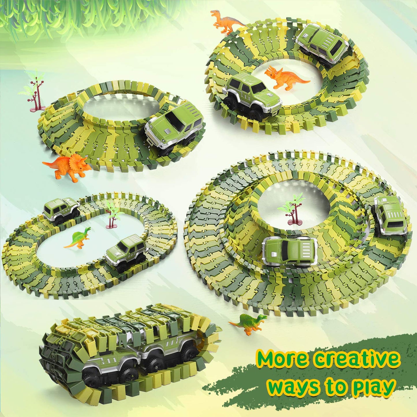 Burgkidz Dinosaur Race Track Play Vehicles Toy Set, 387 Pieces of Flexible Dino Tracks with 360 Loop and Car Turntable Playset, 2 Race Cars, Gift for Kids 3+ years old.