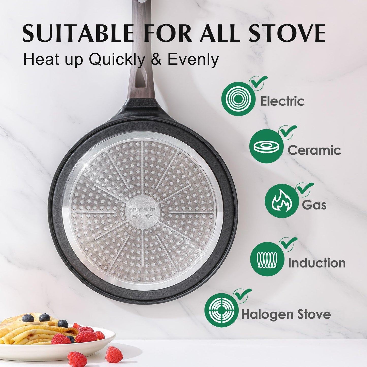 SENSARTE Black Crepe Pan 30cm Non-Stick Skillet Omelette Pancake Flat Pan with Swiss Granite Non-Stick Coating, Bakelite Handle, Induction Compatible, PFOA PFOS Free.