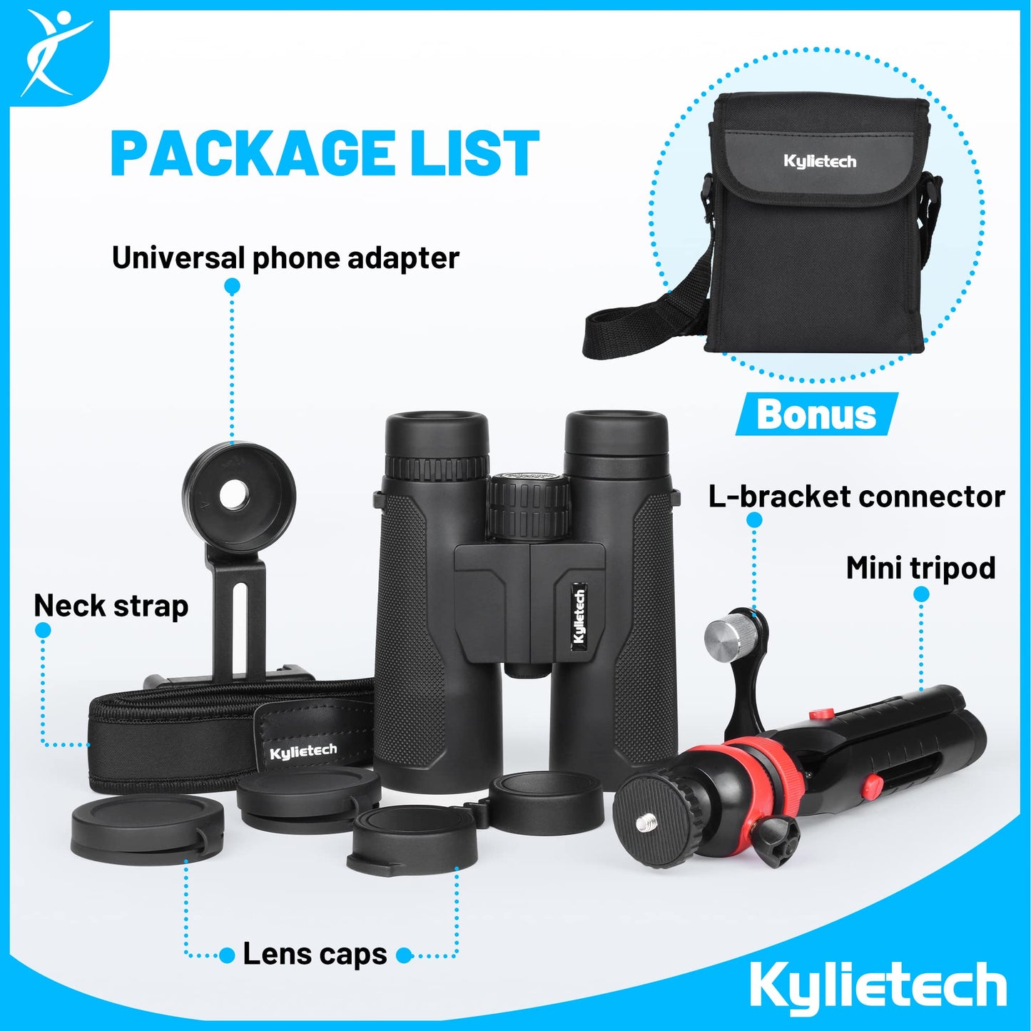 Adult binoculars, Kylietech 12x42 binoculars with tripod, Waterproof bird-watching binoculars with BaK-4 prisms, FMC lens, phone adapter for photography, star gazing.