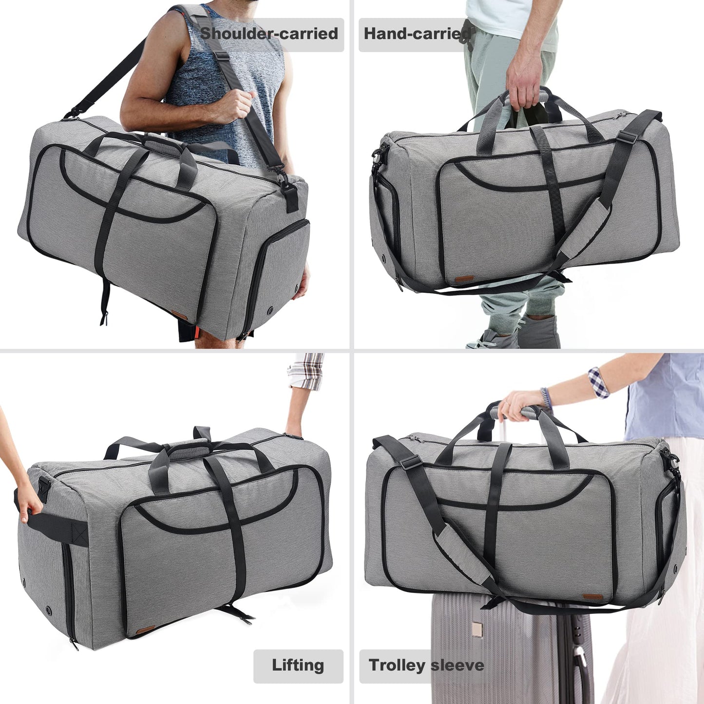 Vogshow Foldable Travel Duffel Bag, Weekender Overnight Bag Waterproof Duffle with Shoe Compartment for Men and Women (Gray, 80L)