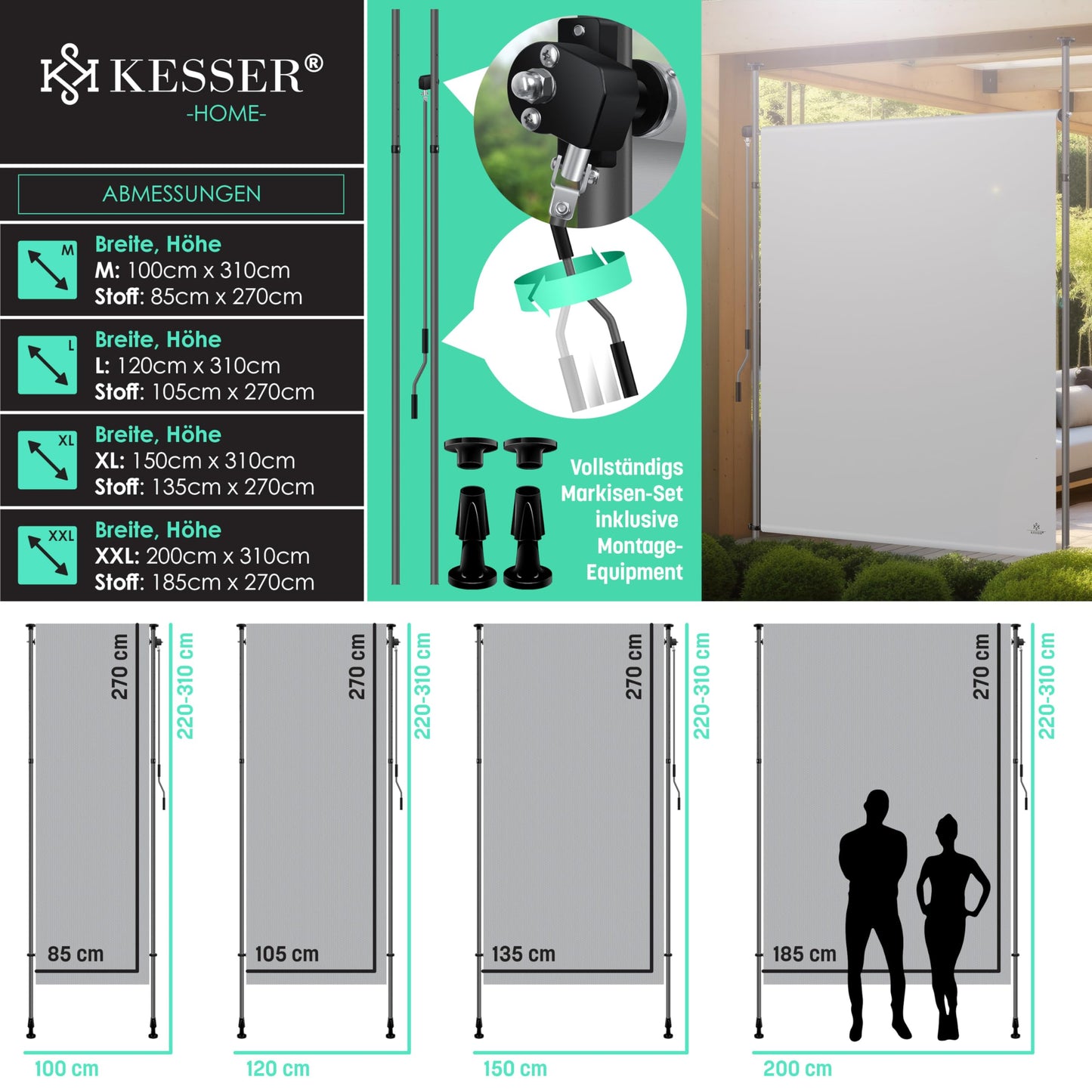 KESSERยฎ Clamp Awning Vertical Awning 200x310cm Extendable & Privacy Vertical Awning with Hand Crank No Drilling Balcony Privacy & Wind Protection for Garden & Terrace Waterproof Gray