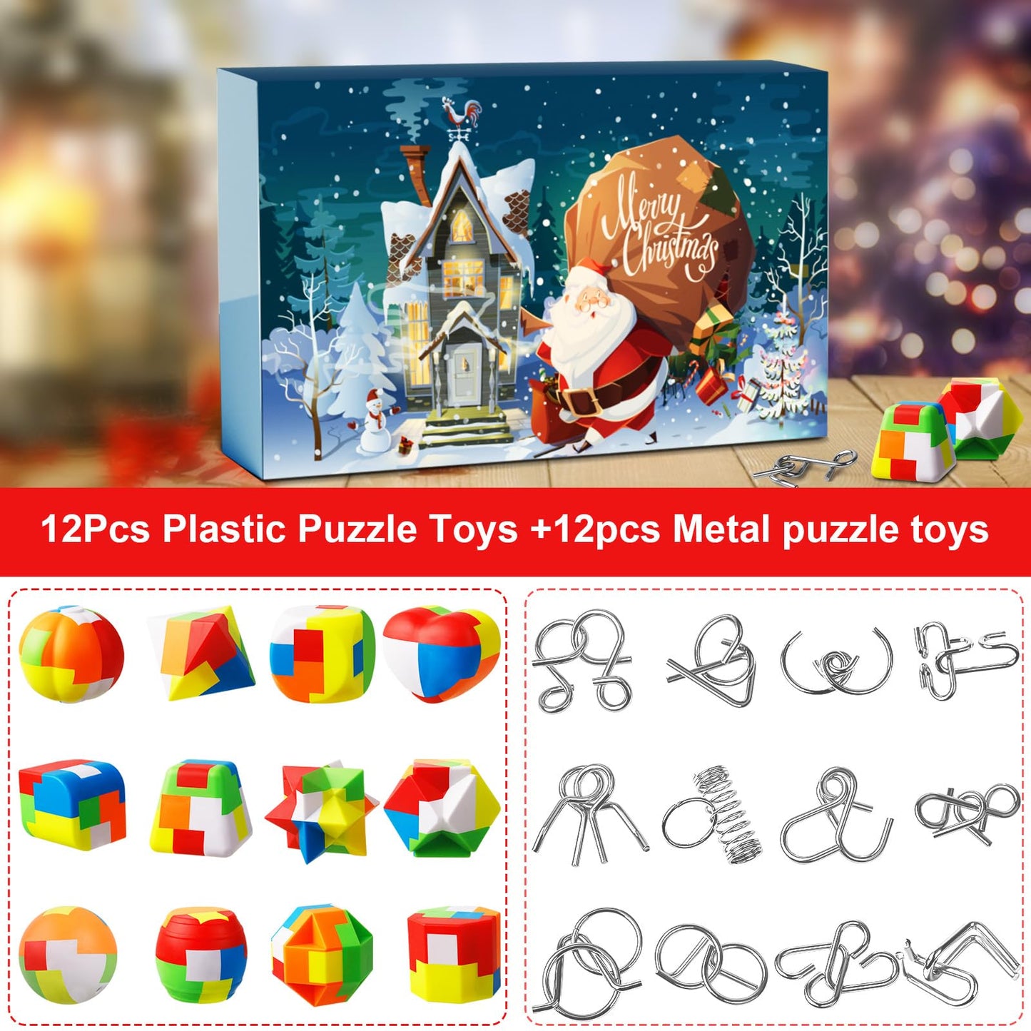 Advent calendar 2024 puzzle, 24 day Christmas countdown calendar puzzle with metal brain teasers for kids and adults challenge (plastic)