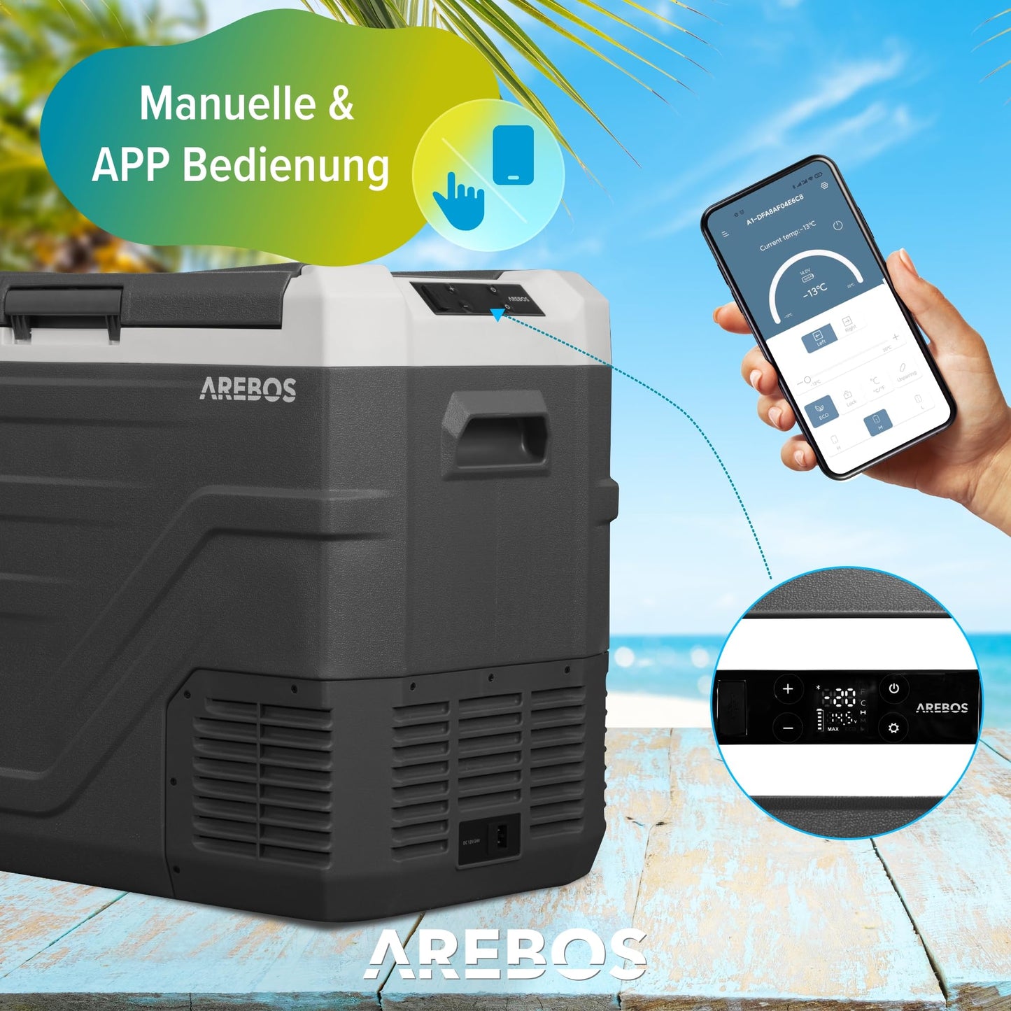 Arebos Compressor Cooler Box 43 Liters | Electric Freezer Box with APP & Smart Control | Mobile Cooling Chest with USB Connection | up to -20 °C | 12/24 V 230V | for Car, Truck, Camping, Boat, RV