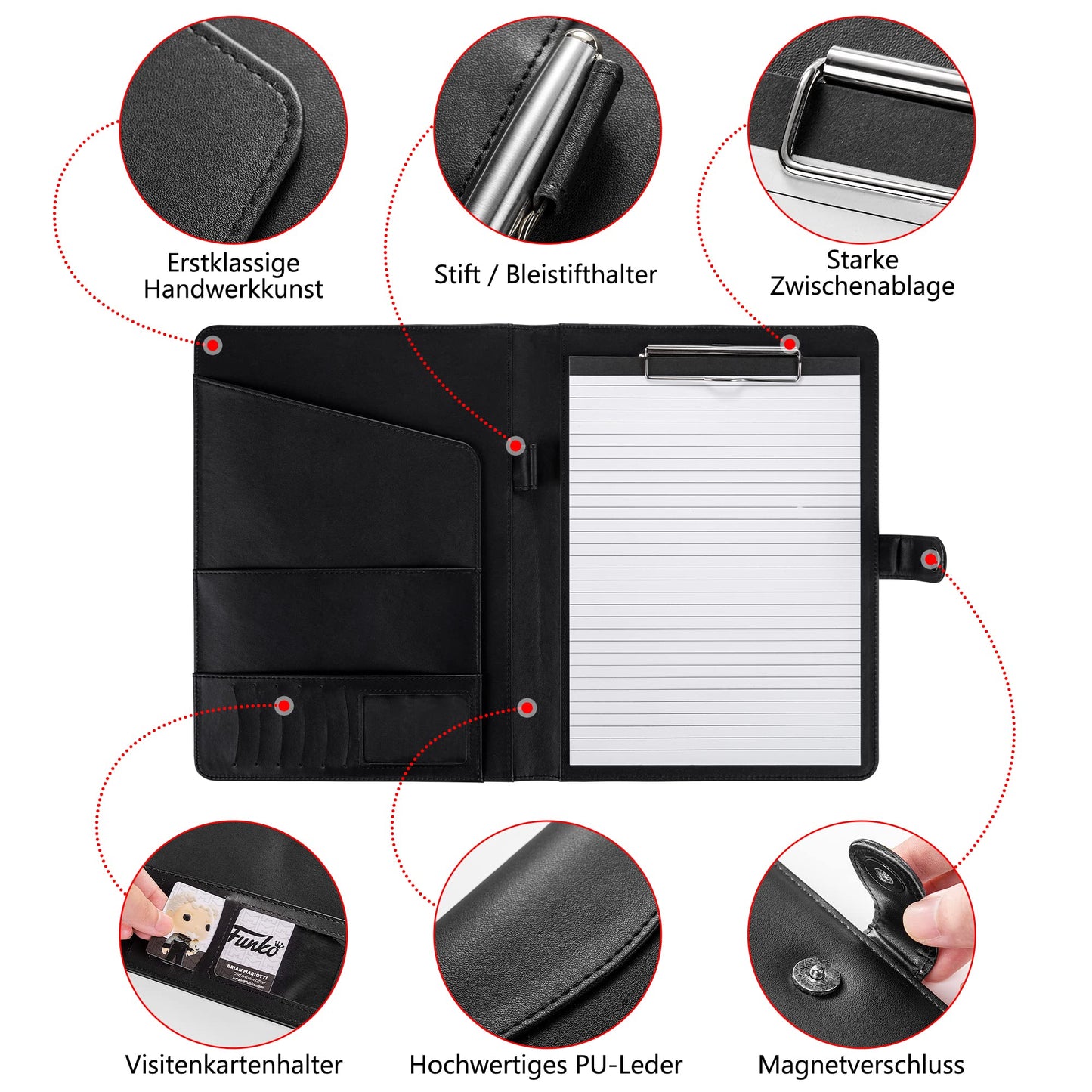 AMKSONS A4 Writing Pad in Black with Clipboard & A4 Notepad - Premium Conference Folder made of PU leather with document compartments, pen holder, flap cover, and magnetic closure.